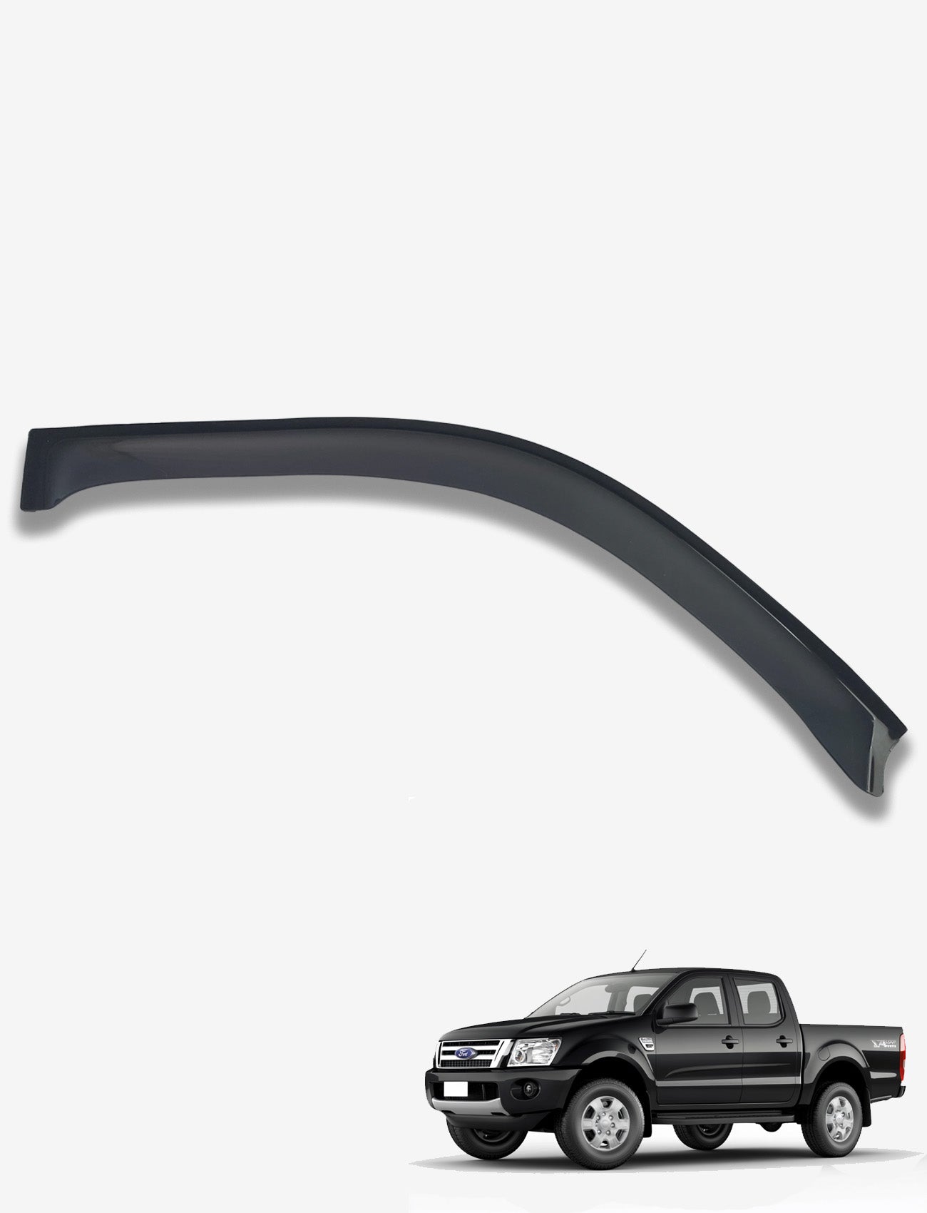 Above an image of a black pickup truck on a white background, there is a Sunland Protective Plastics Weathershield Slimline Driver in dark tint. Specifically designed for the Ford Ranger PXI/II Double Cab (Everest UA) models from 09/2011 to 07/2022, it is crafted from UV stable acrylic to ensure durability and protection against harsh elements.