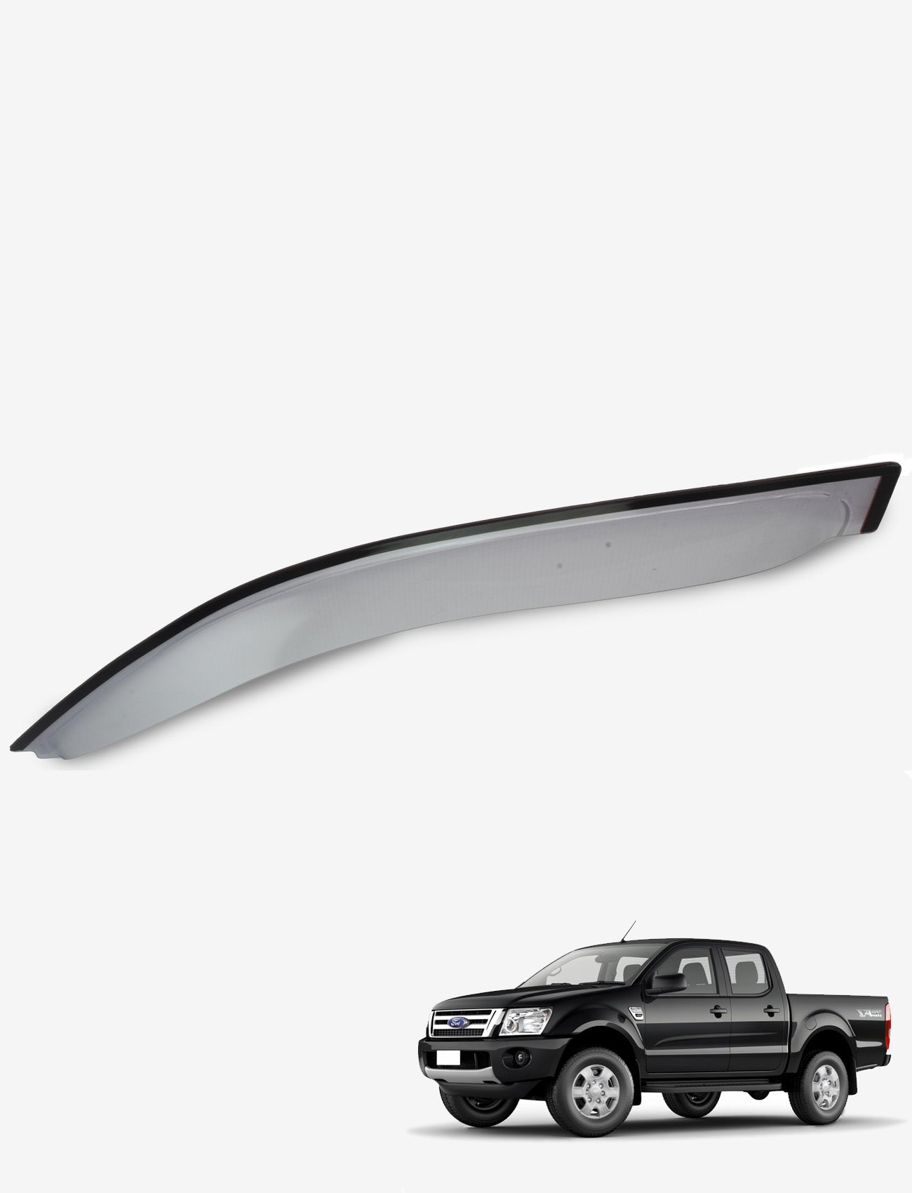 A black pickup truck is parked against a plain white background. Above it, the Sunland Protective Plastics Weathershield Slimline Light Tint, designed for the Ford Ranger PXI & PXII Double Cab (including Everest UA) from 09/2011 to 07/2022, is showcased. This custom-moulded automotive part made from UV stable acrylic enhances its sleek appearance against the backdrop.