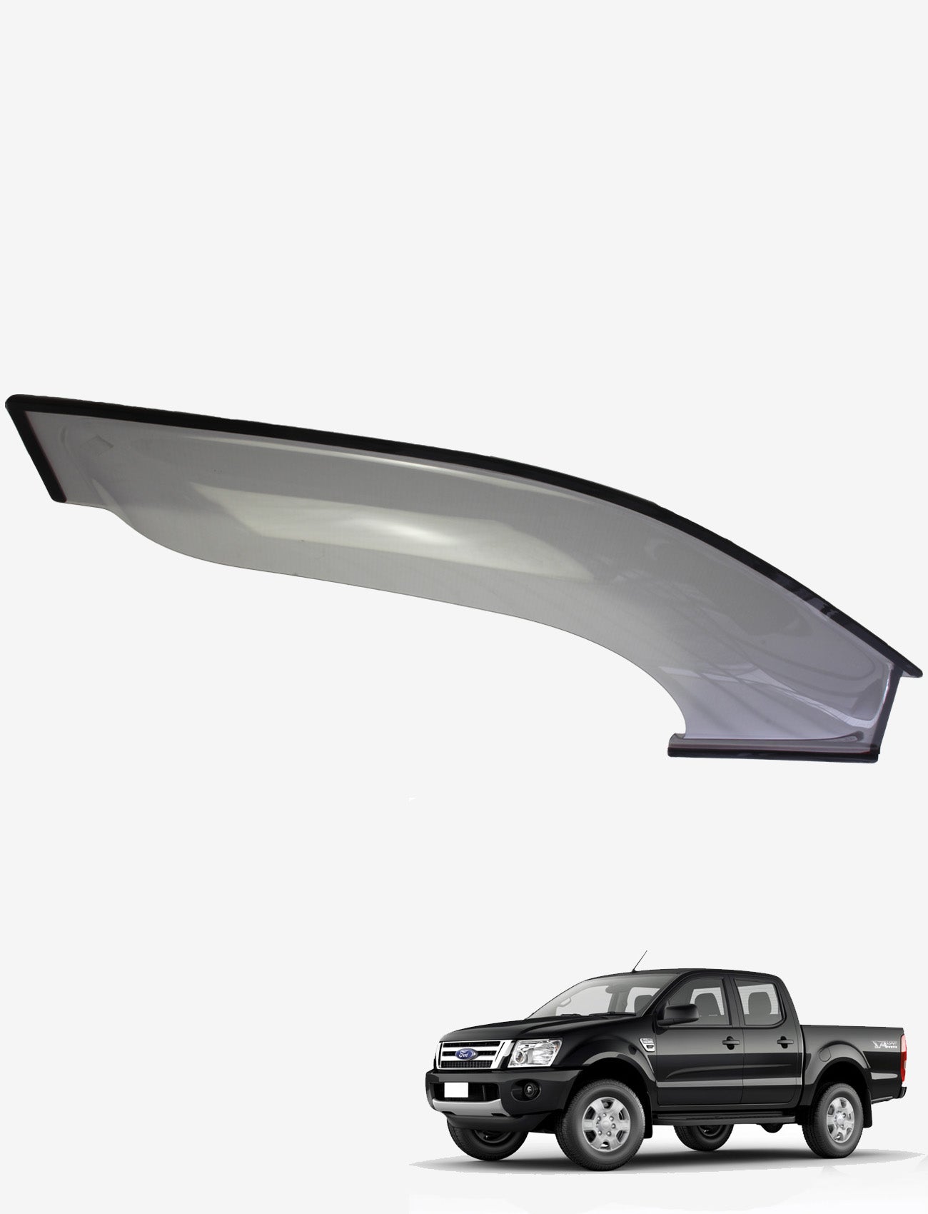 A Sunland Protective Plastics Weathershield, in a sleek light tint, is custom-molded from UV stable acrylic and expertly designed to fit above the windows of a Ford Ranger PXI/II Double Cab (Everest UA) produced between 09/2011 and 07/2022.