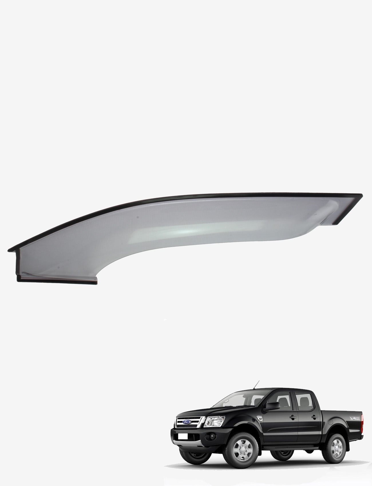 A black pickup truck is positioned at the bottom right, featuring a close-up of the Sunland Protective Plastics Weathershield Fullsize Light Tint, Passenger, designed for Ford Ranger PXI & PXII Double Cab (Everest UA) models from 09/2011-07/2022. Made from UV stable acrylic, this sleek addition enhances functionality while maintaining style against the plain white backdrop.