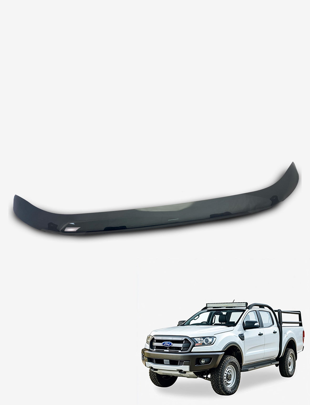 Above an image of a white Ford Ranger PX MkII (08/2015-07/2022) with off-road modifications such as a front bull bar and roof rack, a Sunland Protective Plastics Bonnet Protector in dark tint is showcased on a pristine white background. Crafted from UV stable acrylic, it’s ideal for any adventure.