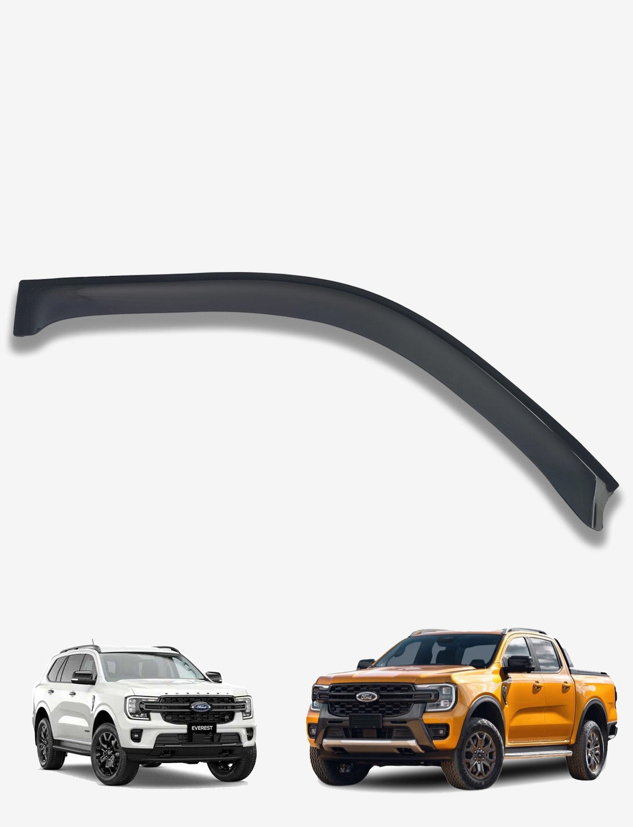 A sleek Sunland Protective Plastics Weathershield Slimline Driver in dark tint is shown above images of two Ford vehicles—a white Everest SUV and an orange Ranger pickup—highlighting their front and side views against a plain background.