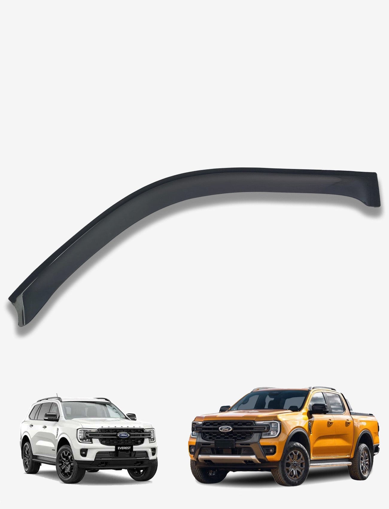 A custom-moulded Sunland Protective Plastics Weathershield in dark tint is displayed above two vehicles: a white SUV on the left and an orange pickup on the right. Made from UV-stable acrylic, it suits any vehicle’s style against a plain white background.