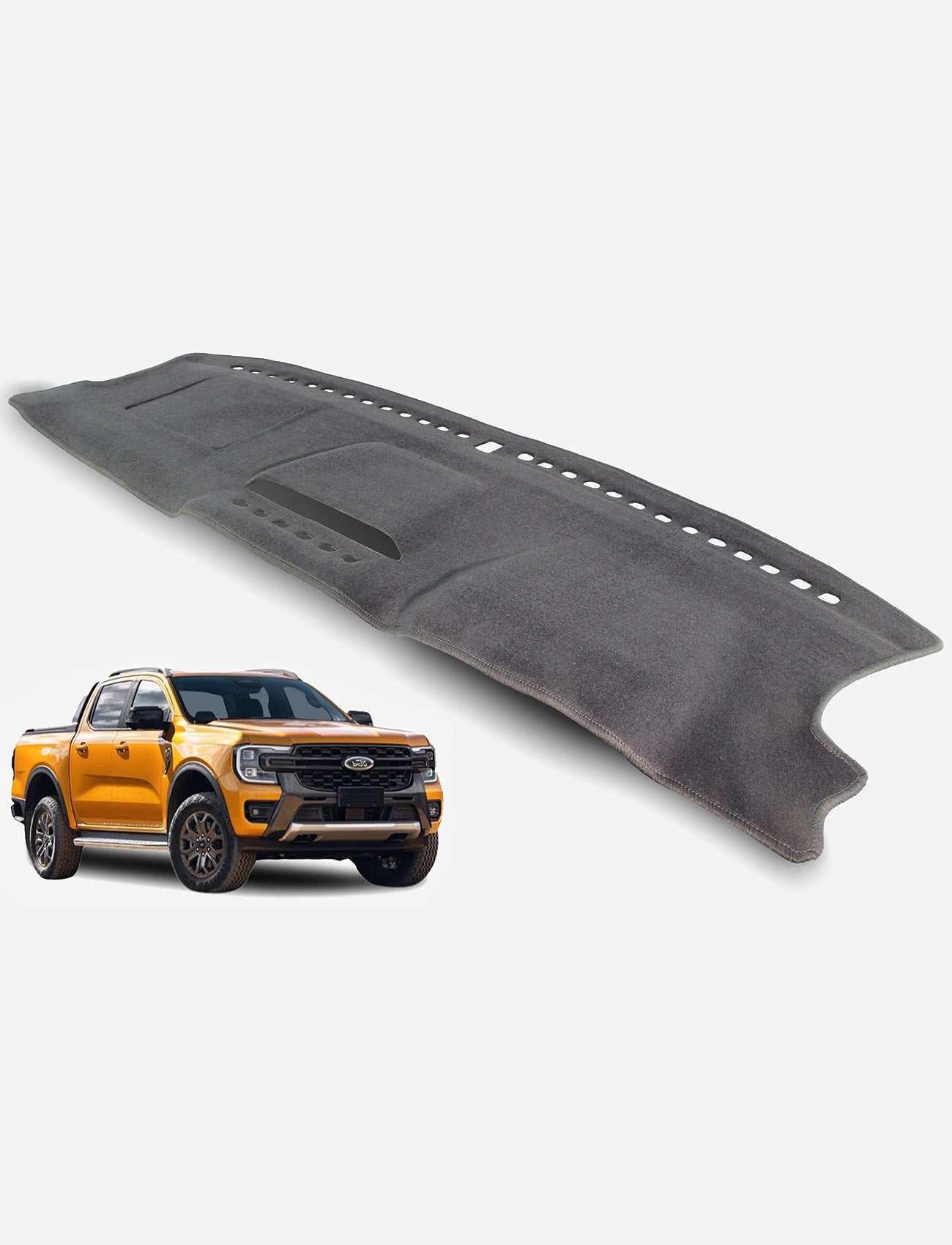A Sunland-Protection Ford Ranger PY Dash Mat in black is displayed above an orange Ford pickup, shown from the front on a white background. This air bag safe accessory keeps your vehicle cool and protected.