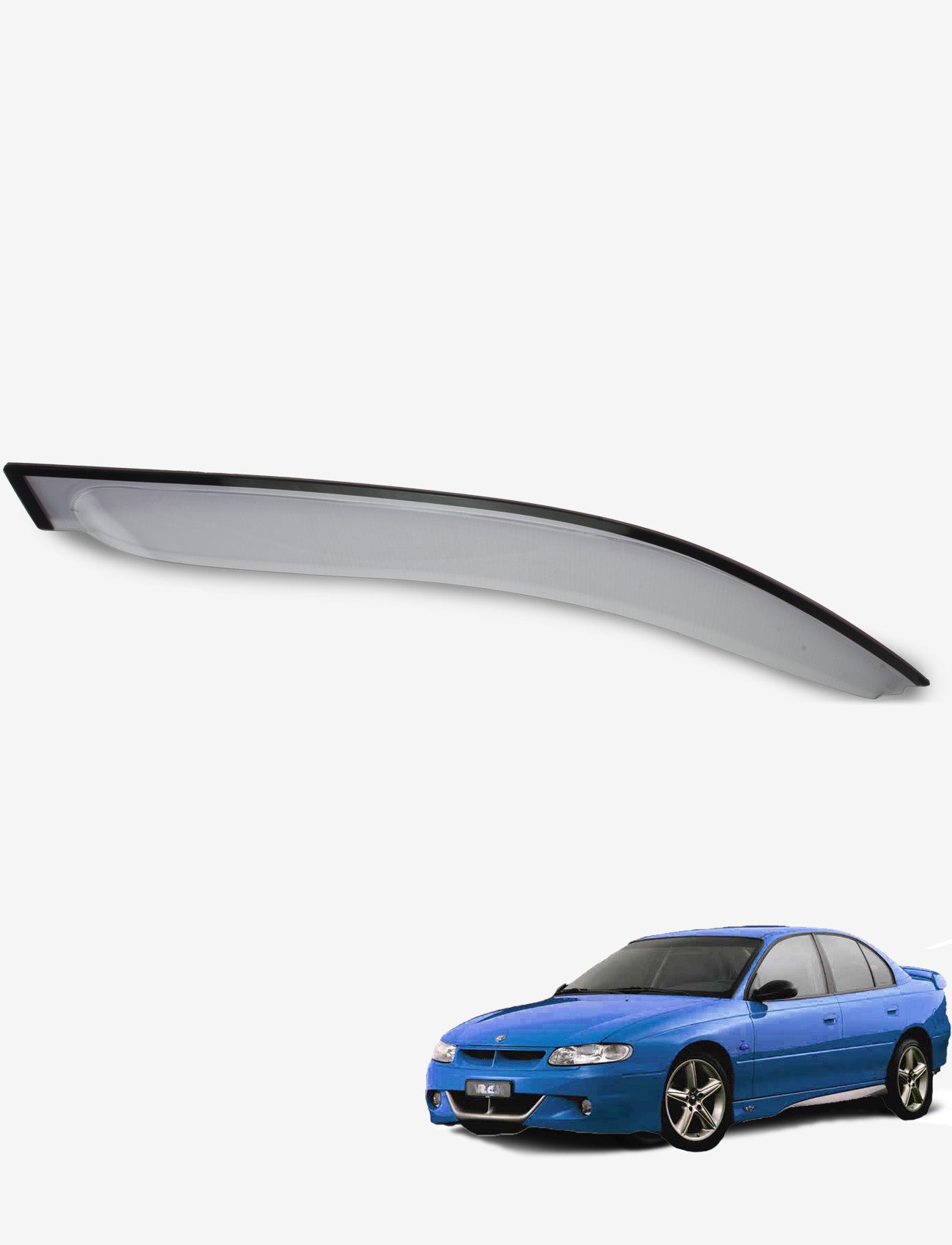 The image showcases a blue sedan with tinted windows and alloy wheels, highlighted by a custom-moulded roof spoiler on a plain white background. Enhancing its sleek design are the Sunland Protective Plastics Weathershield Slimline Light Tint for the driver side, specifically designed for Holden Commodore VT-VZ Sedan & Wagon models from 08/1997 to 06/2006, making it both stylish and durable.