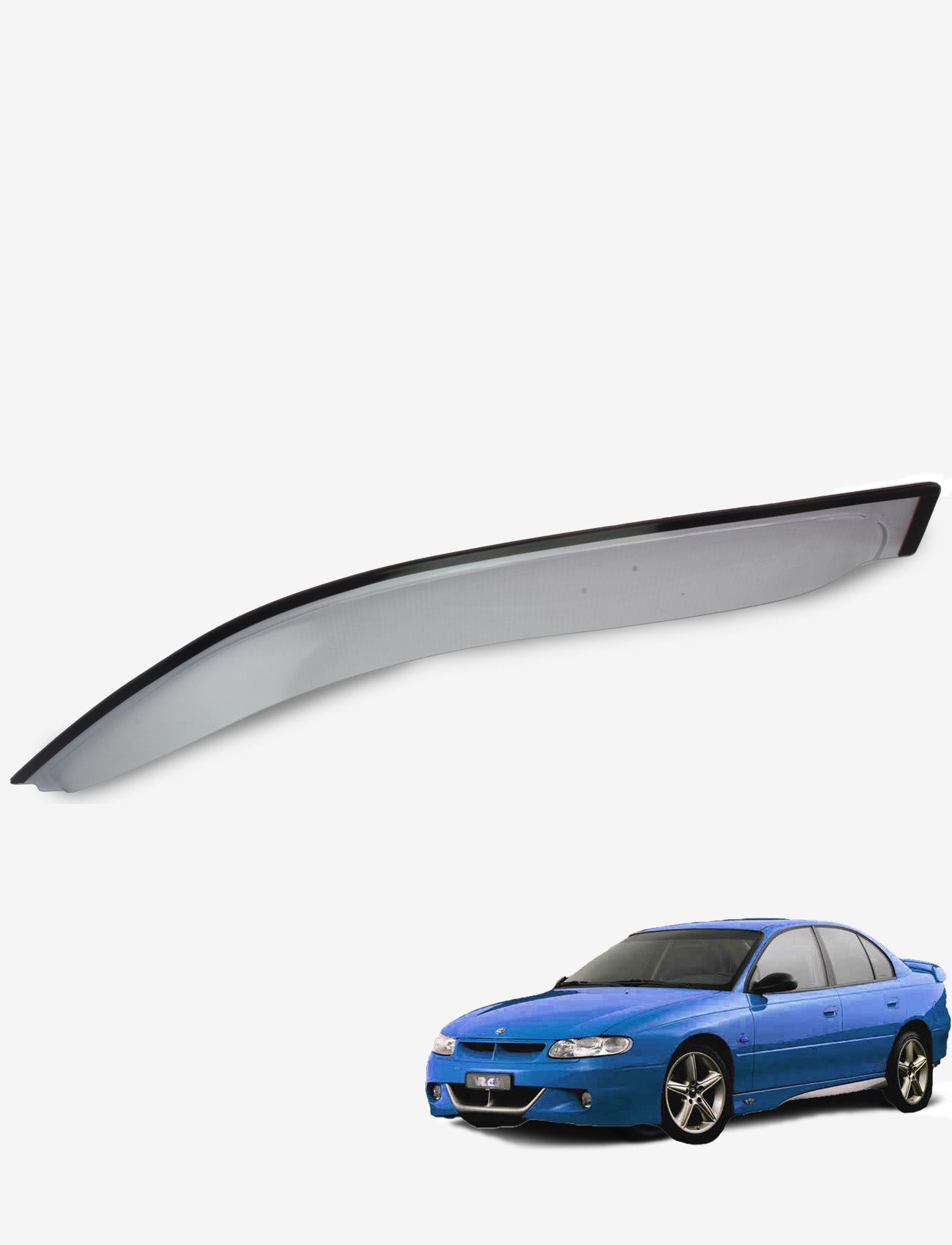 A blue sedan with dark tinted windows is displayed, showcasing a sleek car spoiler that enhances both performance and style with its aerodynamic design. The vehicle is fitted with Sunland Protective Plastics Weathershield Slimline Light Tint for added durability, made from UV stable acrylic. The car is slightly angled from the front.