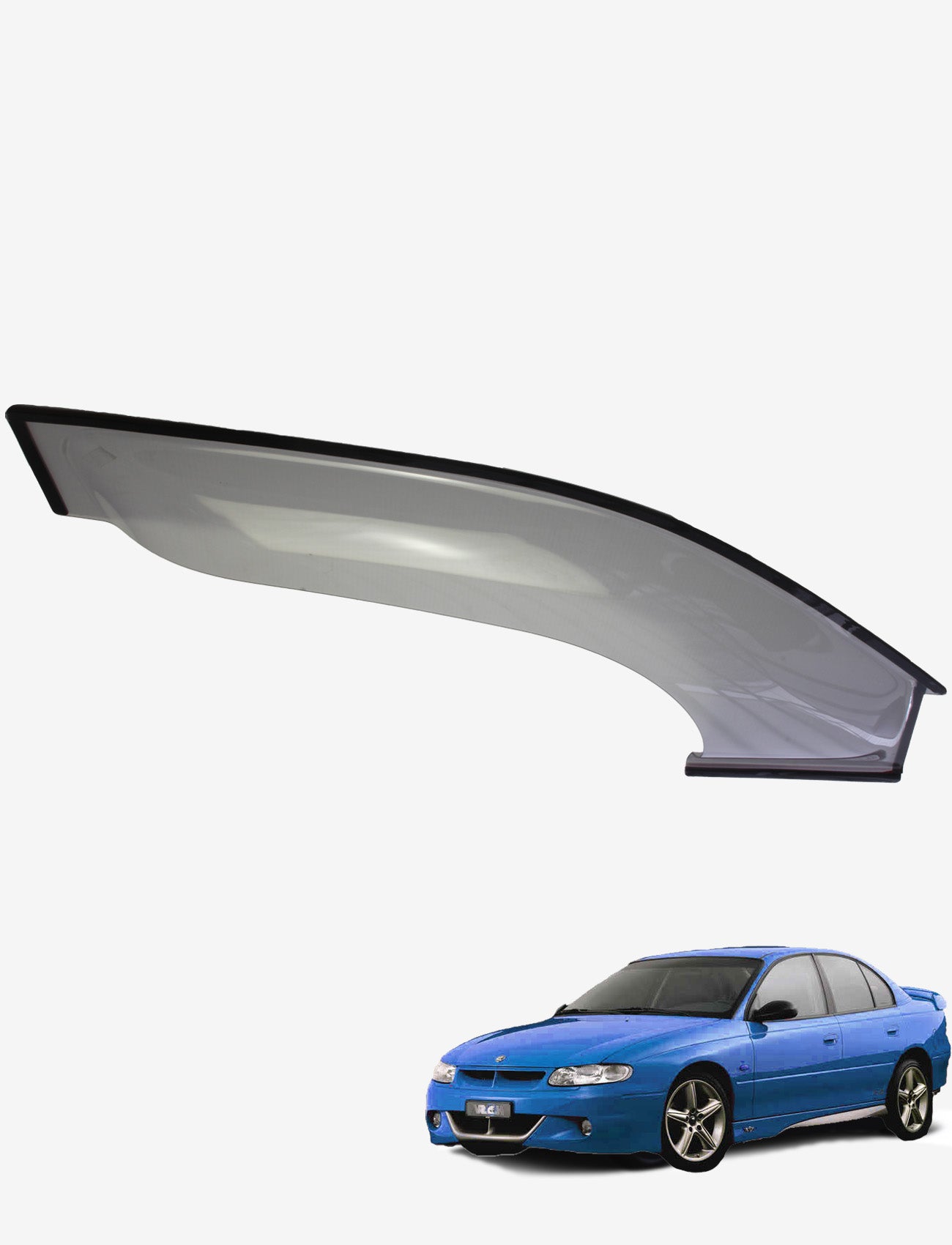 A Holden Commodore VT-VZ sedan with tinted windows is parked at a slight angle. Above it, a Sunland Protective Plastics Weathershield Fullsize Light Tint, designed to fit models from 08/1997-06/2006, is showcased in detail against a plain background. The product features a UV stable acrylic design that provides both durability and style.