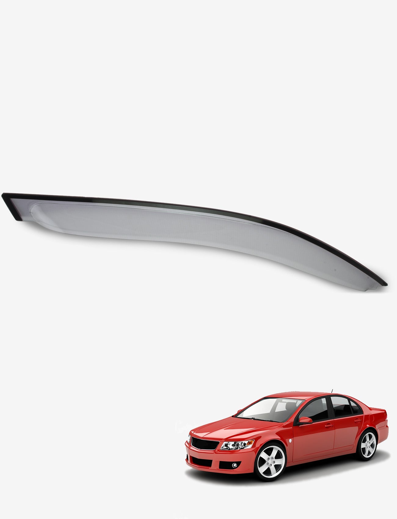 A red sedan is showcased below a Sunland Protective Plastics Weathershield Slimline Light Tint, designed for the driver side of the Holden Commodore VE - VFII Sedan Wagon & Ute (07/2006-10/2017). The protective component, crafted from UV stable acrylic, is depicted in profile view, highlighting its sleek and curved design. The car is oriented slightly to the left on a pristine white background.