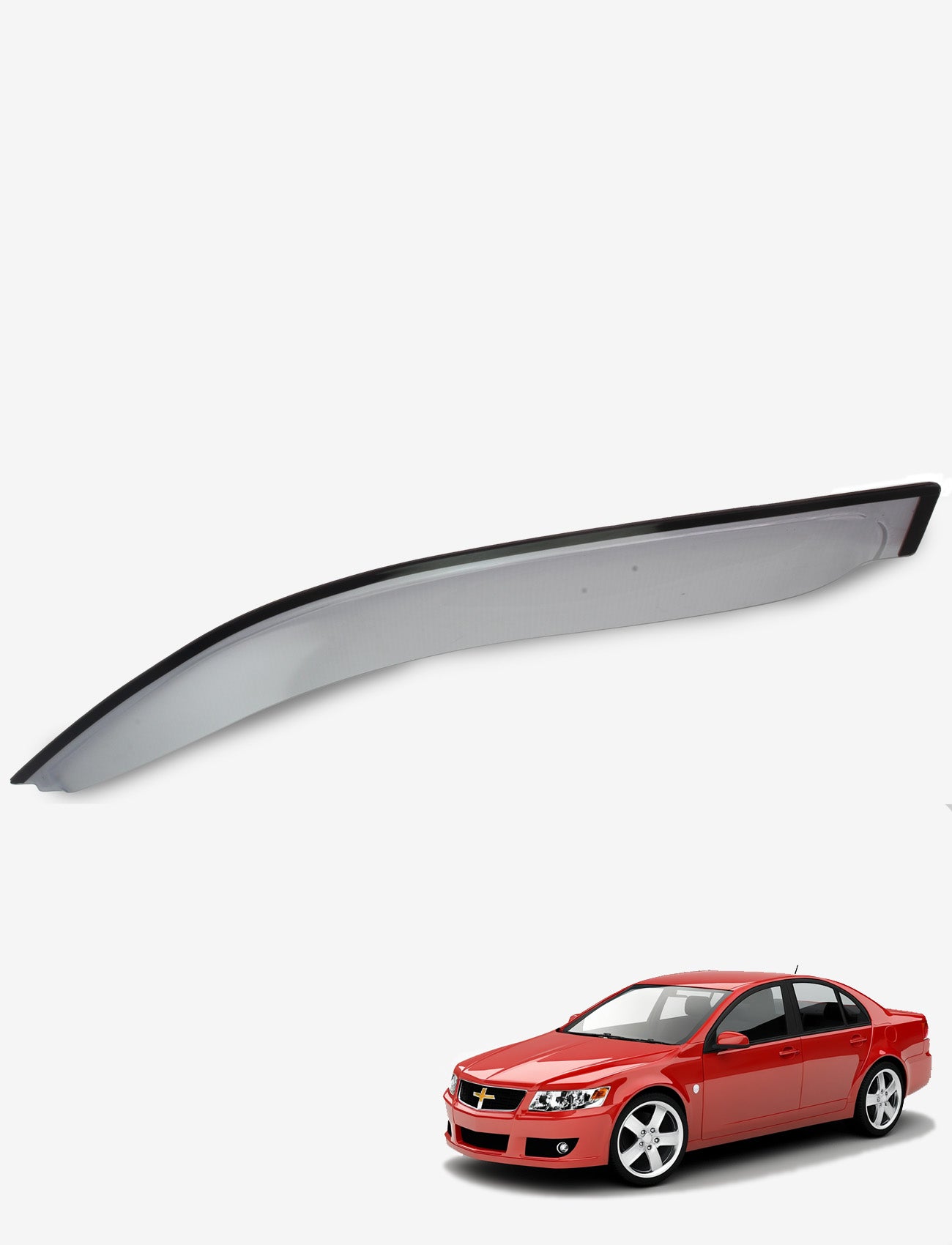 In the bottom right corner is a red sedan car, and above it is the Sunland Protective Plastics Weathershield Slimline Light Tint for the Holden Commodore VE - VFII Sedan Wagon & Ute 07/2006-10/2017. This gray visor, featuring a black edge, offers a custom-moulded, sleek aerodynamic design and is crafted from UV stable acrylic. The background is plain white.