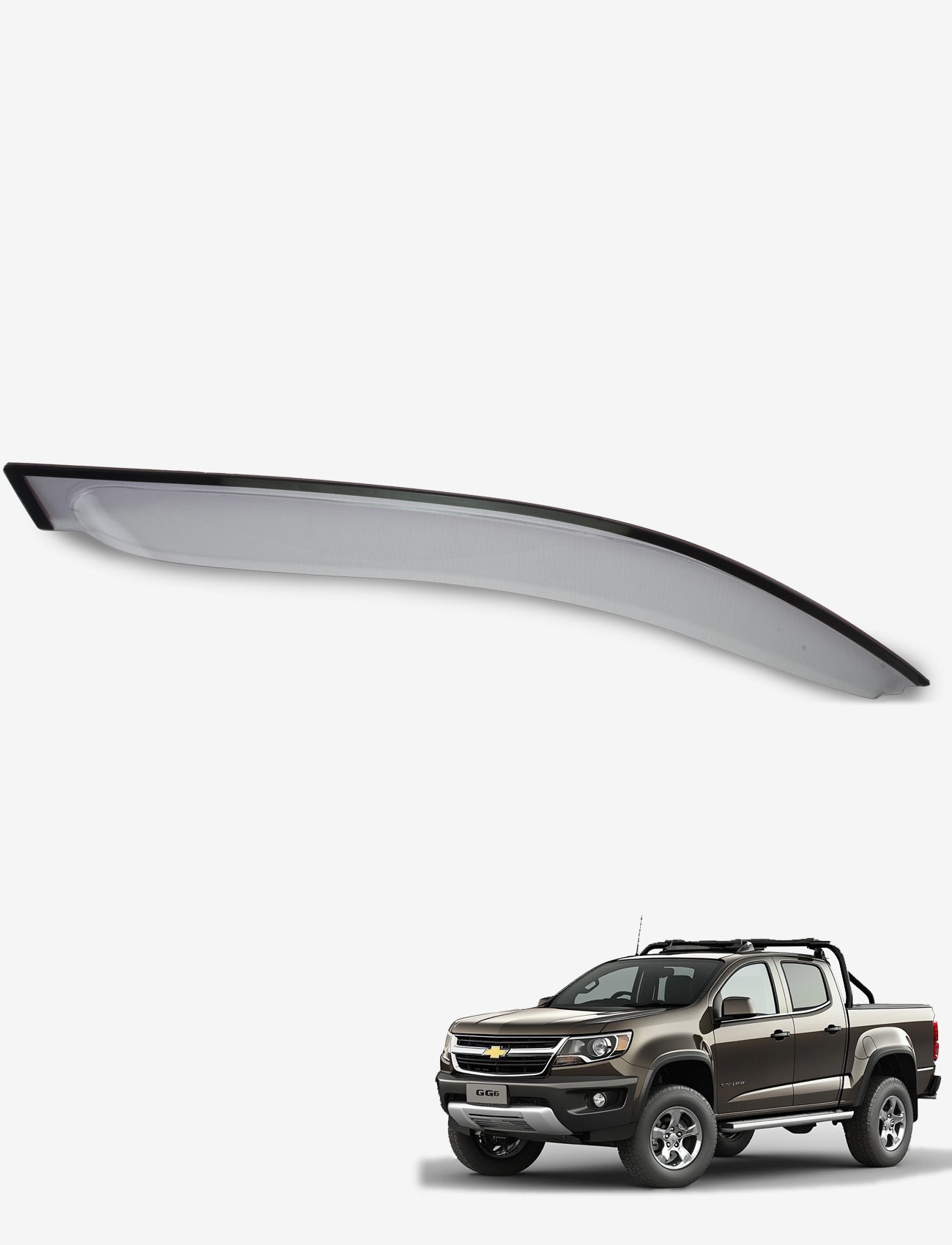 A Holden Colorado RG pickup (including the Colorado 7) from the years 06/2012 to 06/2016 is displayed below a Sunland Protective Plastics Weathershield Slimline Light Tint in a glossy black finish, crafted from UV stable acrylic. Set against a plain white background, this custom-moulded accessory enhances the truck's sleek design.