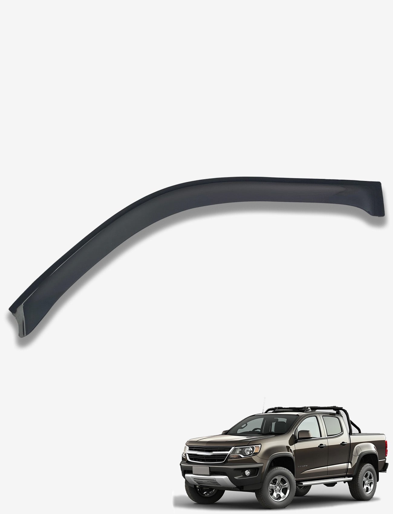 Displayed above an image of a dark-colored pickup truck is a custom-moulded fender arch overlay made from UV stable acrylic. The vehicle, viewed from the side, highlights its off-road features and sleek design by showcasing Sunland Protective Plastics Weathershield Slimline Passenger in Dark Tint for the Holden Colorado RG (including Colorado 7) models from 06/2012 to 06/2016.