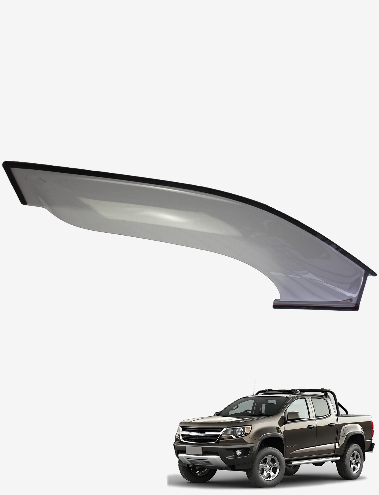 At the bottom right, there is a dark gray pickup truck, accompanied by a large image of the Sunland Protective Plastics Weathershield Fullsize Light Tint made from UV stable acrylic. This custom-moulded car window visor for the Holden Colorado RG (including Colorado 7) from 06/2012 to 06/2016 is set against a plain white background.