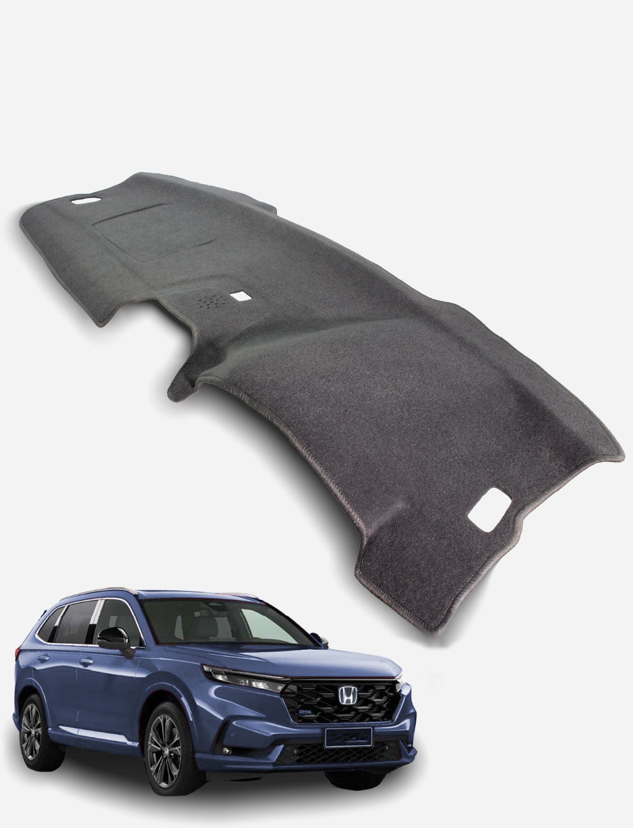 A Sunland-Protection Honda CRV RS Dash Mat in dark gray is displayed above a blue Honda CR-V, highlighting its role in keeping your car cool and protecting resale value.