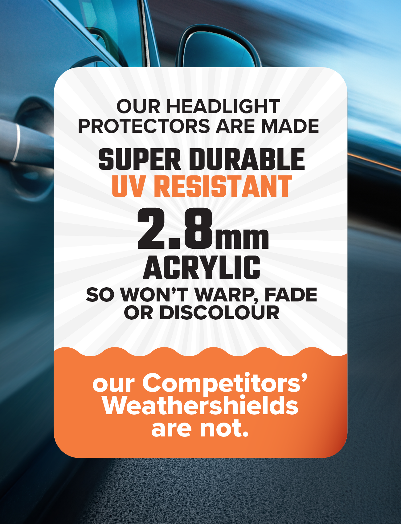 A car with text overlay: "Sunland Protective Plastics Headlight Protectors are expertly custom-moulded using ultra-durable, UV-resistant acrylic, ensuring they remain free from warping, fading, or discoloration. Competing weathershields just can't compare." The background highlights a close-up of a car door and side mirror.