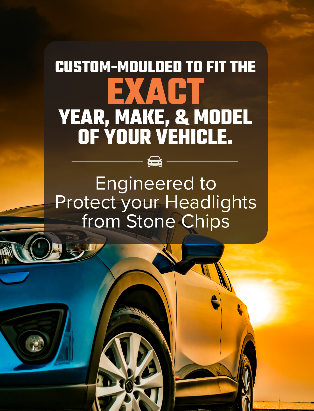 A blue SUV is parked against a vibrant sunset. Text on the image reads: "Custom-moulded with UV stable acrylic for your vehicle. Engineered to protect your headlights from stone chips." Product: Daihatsu Charade Headlight Protectors, 2 Piece | D100H by Sunland Protective Plastics.