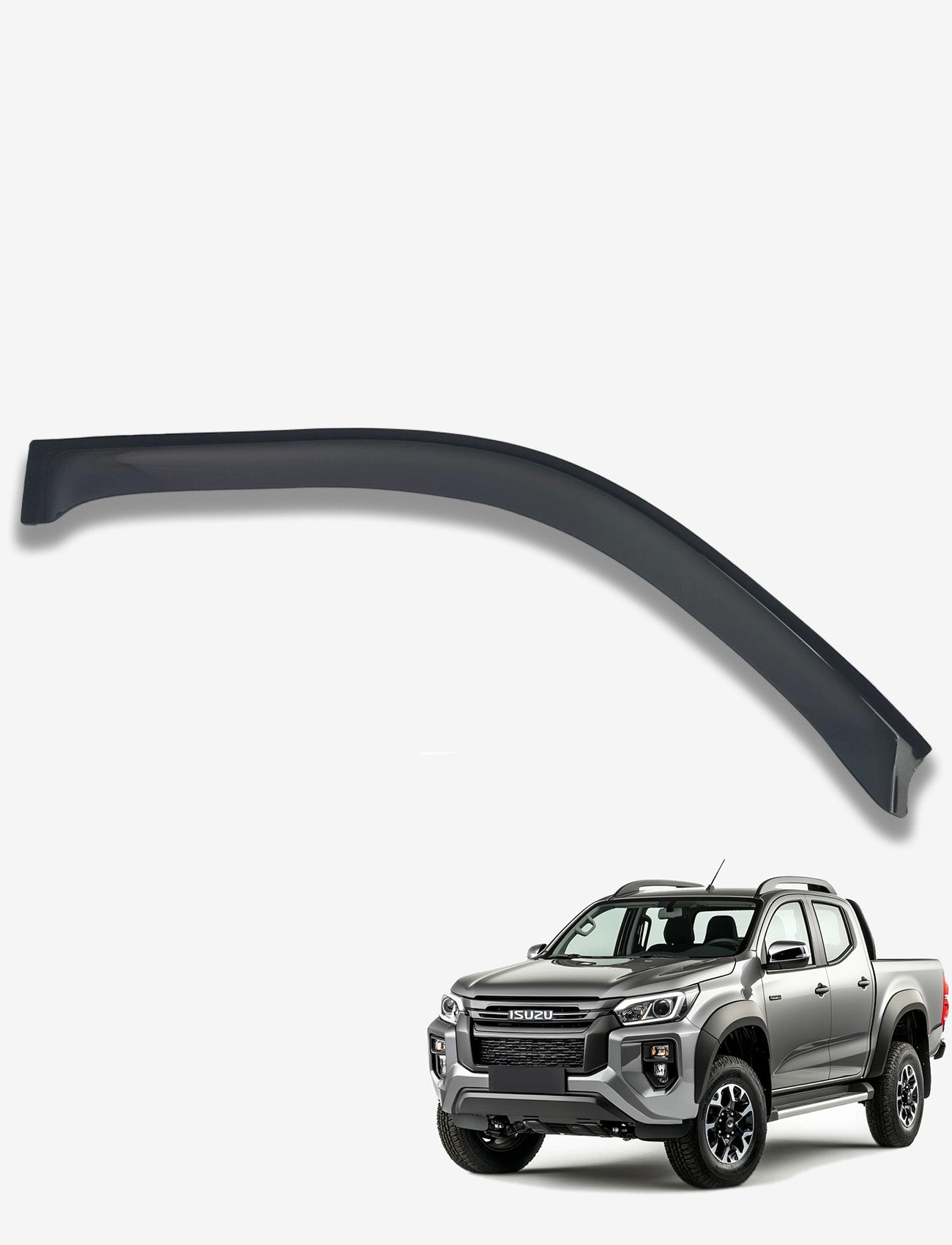 A dark tinted, custom-moulded Sunland Protective Plastics Weathershield for Isuzu D-Max RG/MU-X RJ 09/2020-On is shown above a gray pickup truck, illustrating its compatibility. The visor is made from UV stable acrylic and fits perfectly on the forward-facing vehicle at a slight angle.