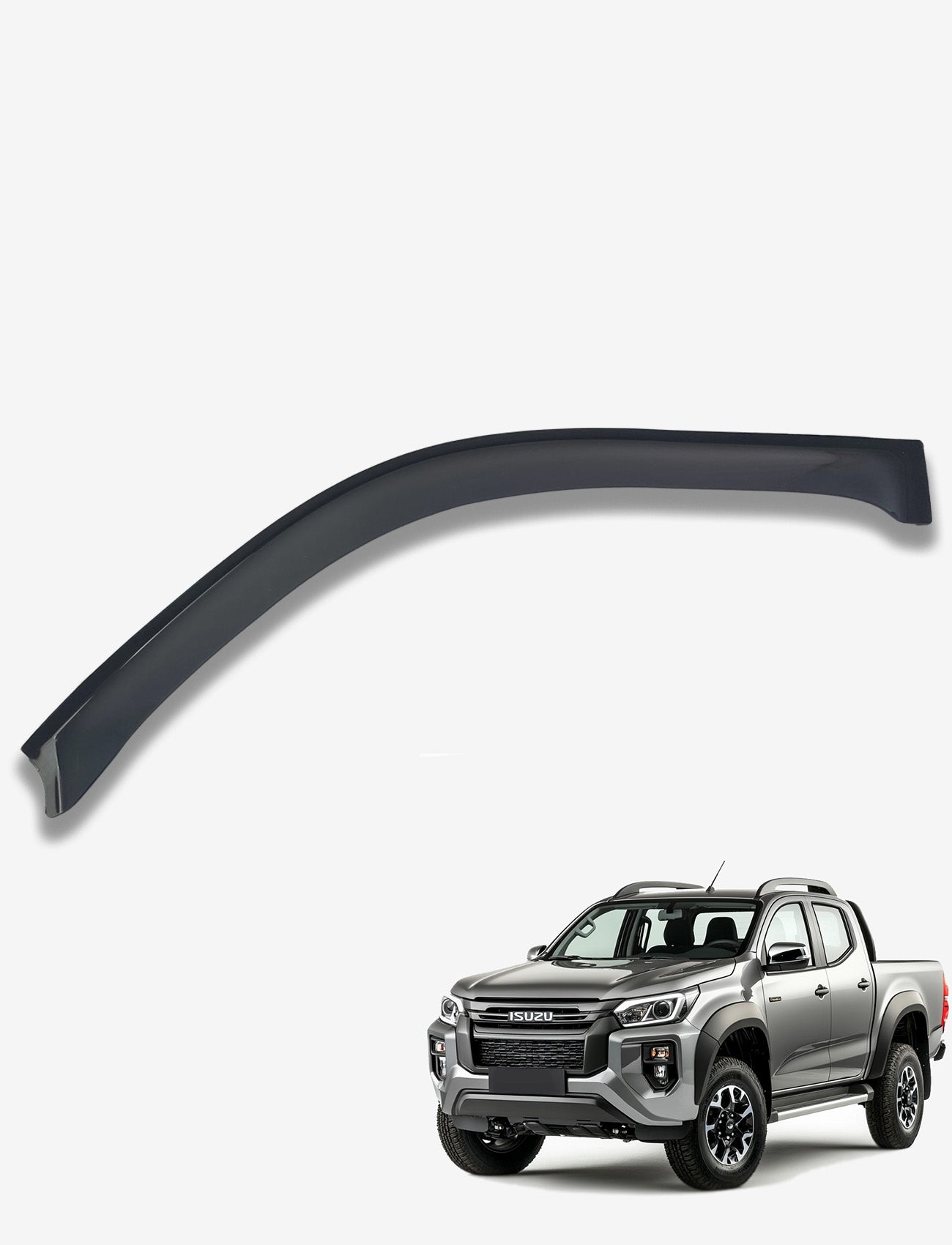 A dark-tinted Sunland Protective Plastics Weathershield Slimline accessorizes a silver Isuzu D-Max RG/MU-X RJ, blending seamlessly with its modern design. Custom-moulded from UV stable acrylic, it enhances both style and protection in the front angle view against a white background.