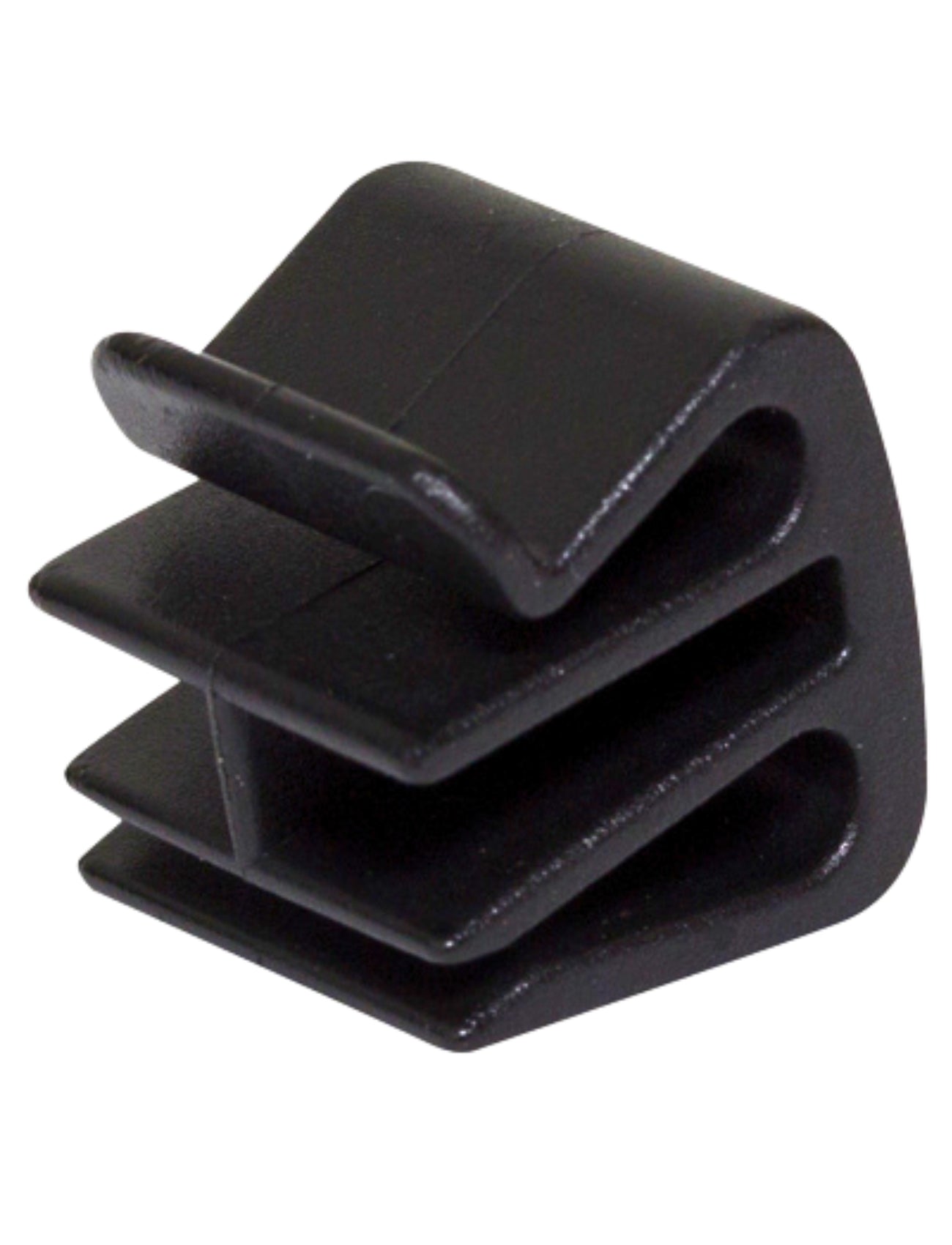 A sturdy, rectangular black plastic furniture protector from Sunland-Protection, featuring grooved sides, designed to fit over the ends of square tubing for safeguarding and effortless mobility.