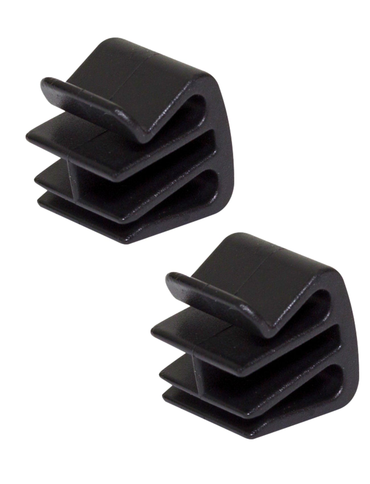 Two Sunland-Protection black, rectangular interlocking plastic clips from the BONNET CLIP - PACK OF 10 set, each featuring three grooves, are arranged diagonally against a plain white background.