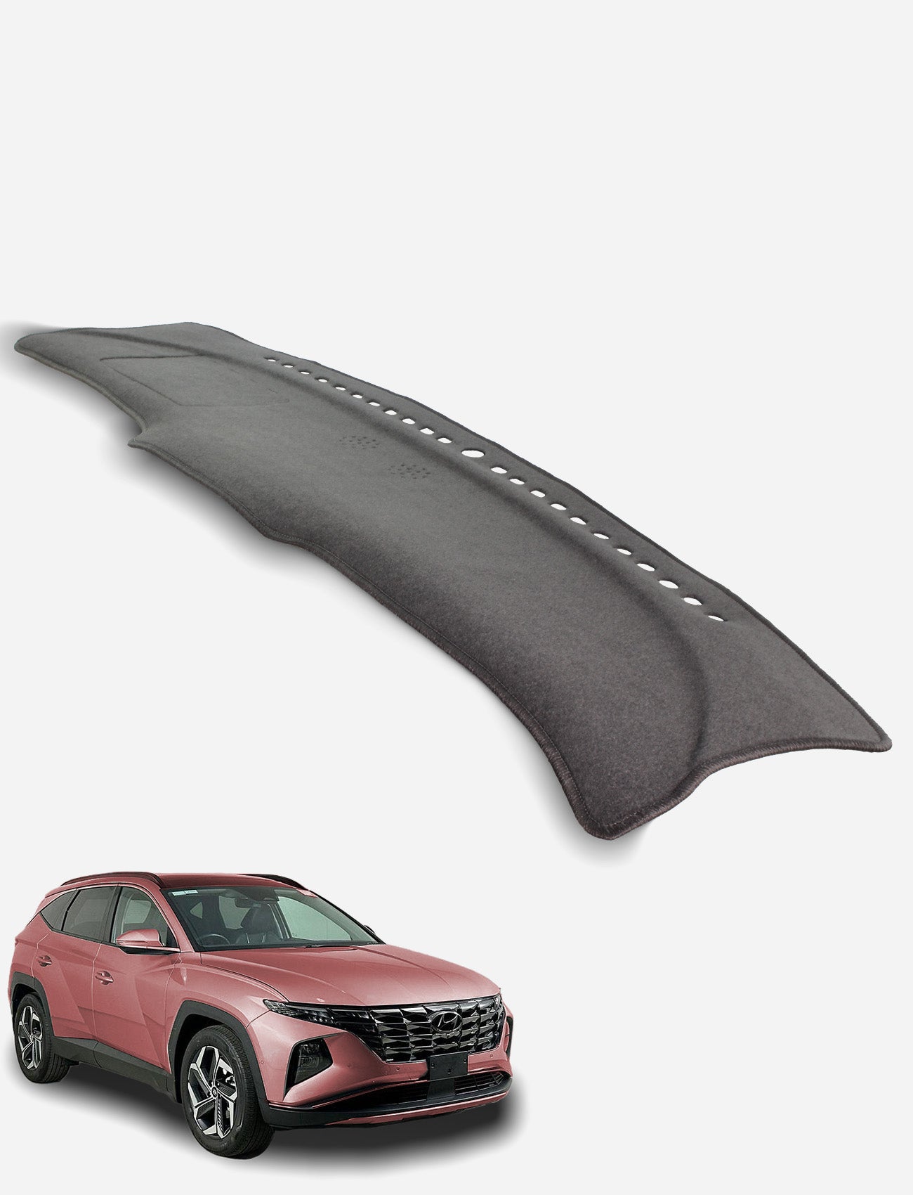 The Sunland-Protection Hyundai Tucson NX4 (N Line & Highlander) Dash Mat, shown above a red SUV on a white background, is designed to fit the dashboard, keep your vehicle cool, and protect its resale value.