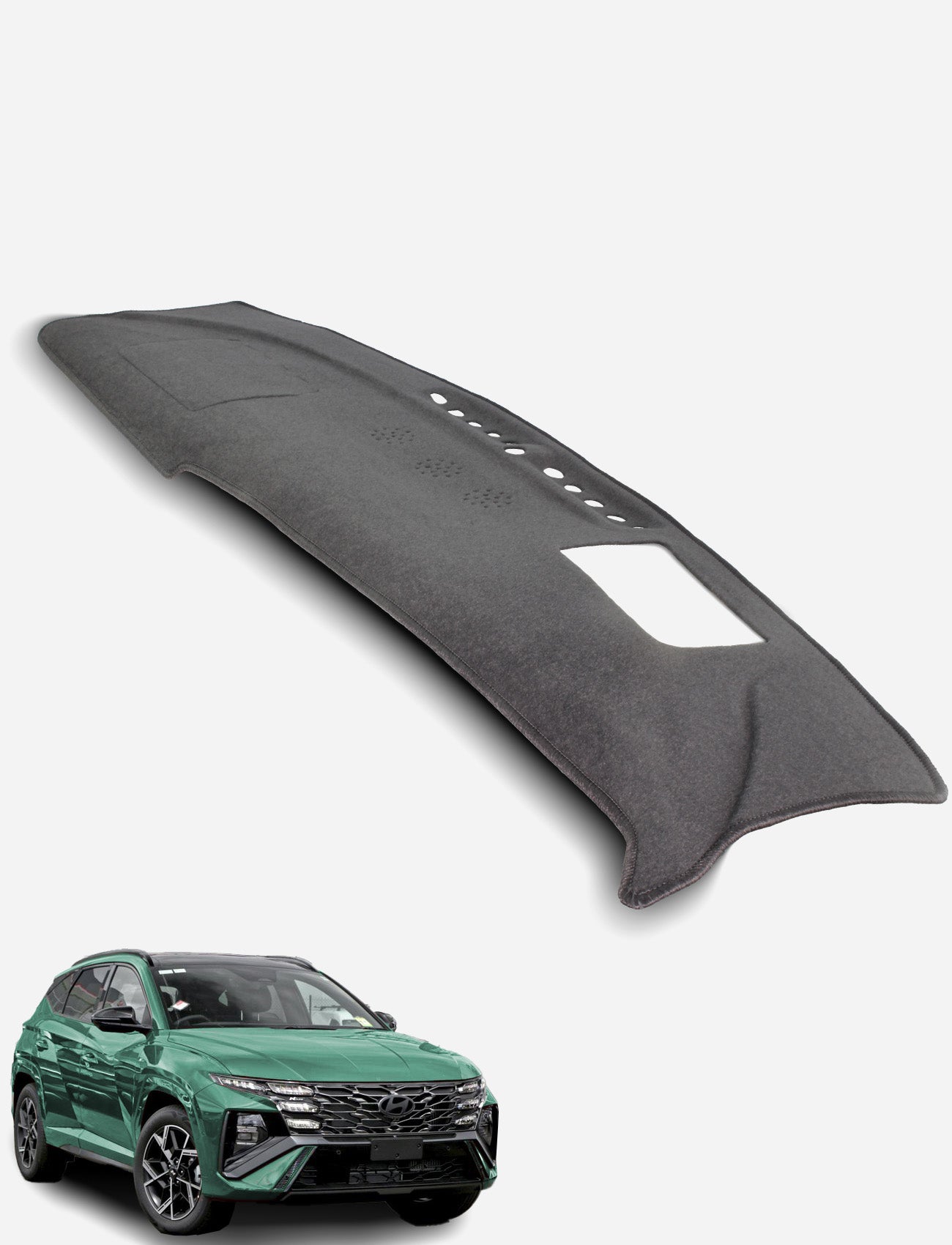 The Sunland-Protection Hyundai Tucson NX4.V3 (HUD) Dash Mat in gray, designed with vent and display cutouts, is displayed above a green SUV on a light background, providing stylish sun protection for your car.