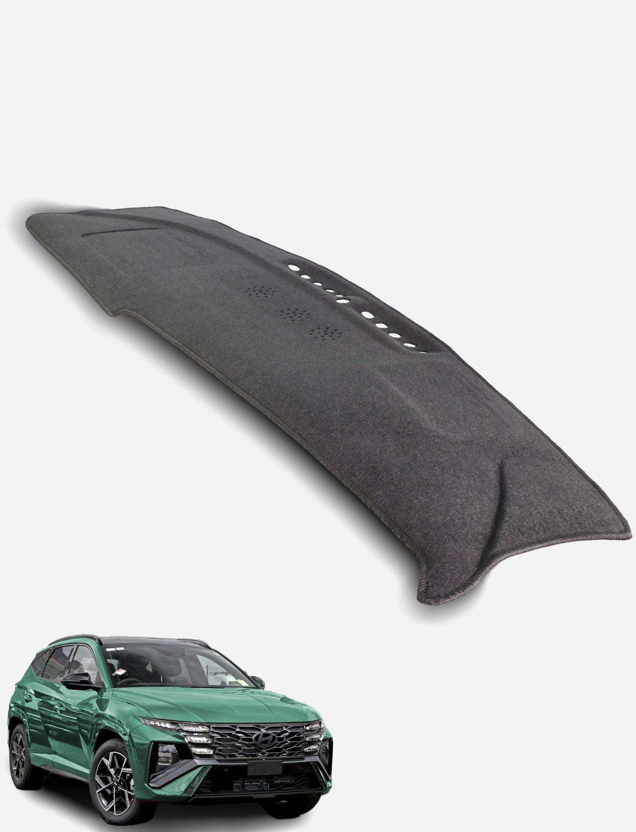 The Sunland-Protection Hyundai Tucson NX4.V3 Dash Mat, a black dashboard cover with vent cutouts for sun protection, is shown above a green compact SUV on a plain white background.