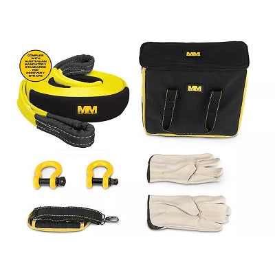 The Mean Mother 4x4 Mean Mother 5pc Recovery Kit 11,000kg Combo Pack was displayed showcasing all its items: an 11-tonne snatch strap in yellow and black, two heavy-duty bow shackles, a pair of white gloves, another short strap with a clip, and a black storage bag featuring yellow accents and the MM logo on both the bag and the tow strap.