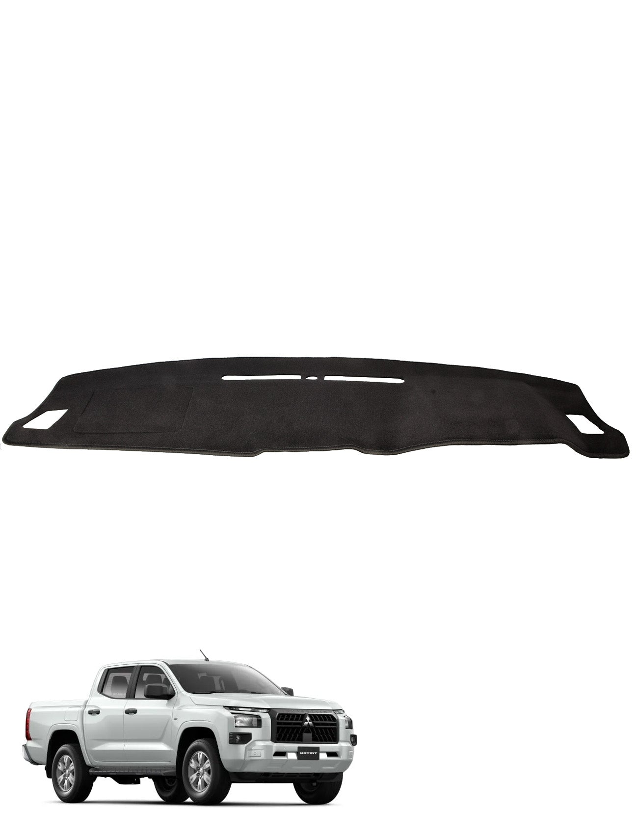 The Sunland-Protection Dash Mat in black, designed for models of Mitsubishi Triton MV from December 2023 onward, features three cutouts for enhanced glare reduction and dash protection. It is showcased above a white pickup truck to offer your vehicle superior coolness.