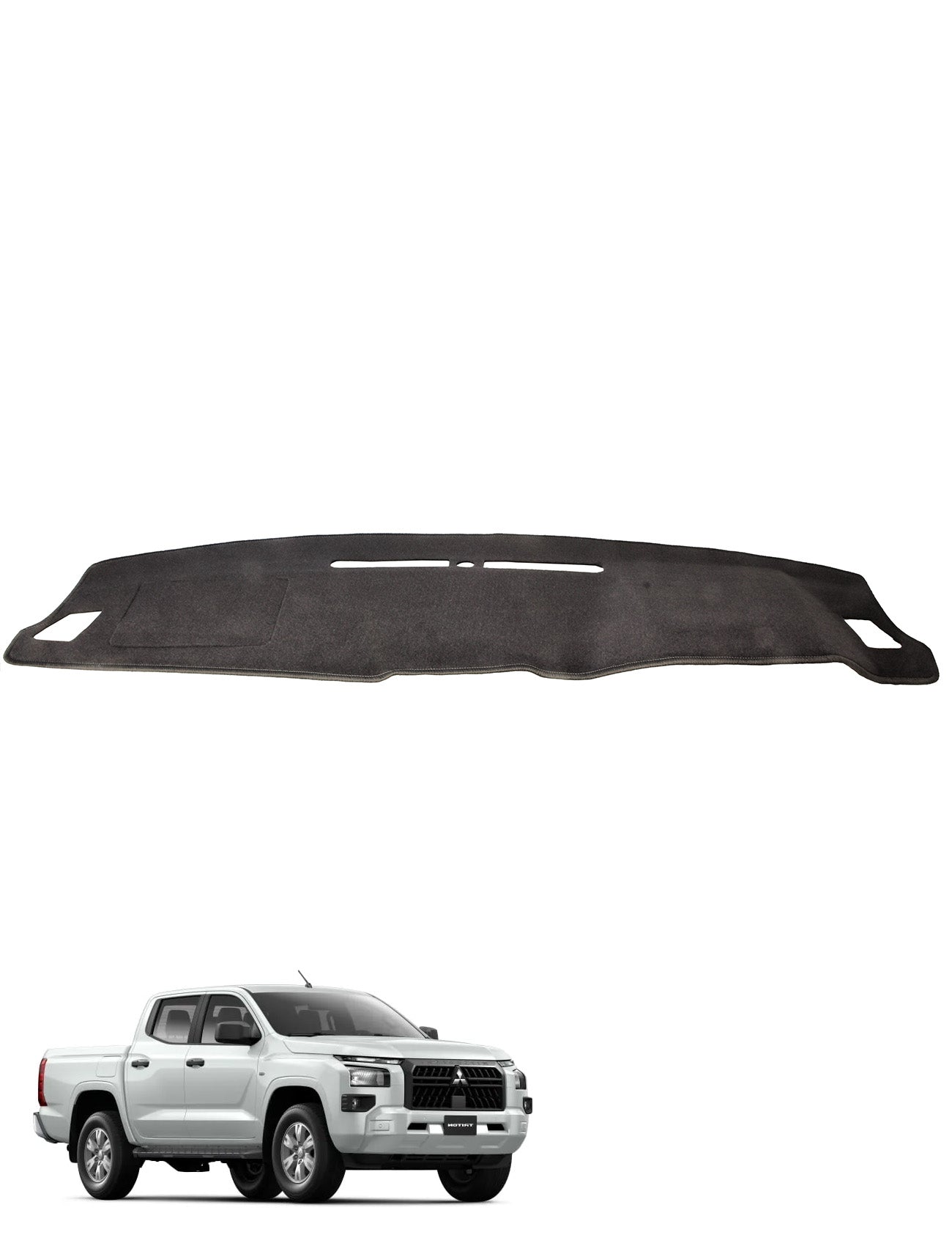 A charcoal Sunland dash mat, designed to fit the Mitsubishi Triton MV 12/2023-On model, is displayed prominently at the top of the image. Below it, a white pickup truck with high resale value is featured from both side and front angles against an immaculate white backdrop.