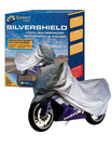 A purple motorcycle is partially covered with a silver cover, highlighting its waterproof protection. A box labeled "Sunland-Protection Motorcycle Cover Prestige 1000-1500cc" boasts durable polyester fabric shielding it against harsh weather conditions.