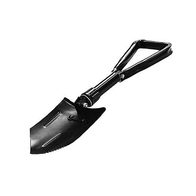 The Mean Mother Foldable Shovel features a sleek black design with serrated edges and a sturdy handle. It showcases its compact architecture extended and angled slightly to the left.