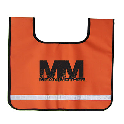 This bright orange safety vest, part of the Mean Mother 5pc Recovery Kit 11,000kg Combo Pack by Mean Mother 4x4, features a black border and a reflective white strip near the bottom. It showcases a large black "MM" logo with "MEAN MOTHER" printed below it in the center, making it perfect for your 4WD recovery kit.