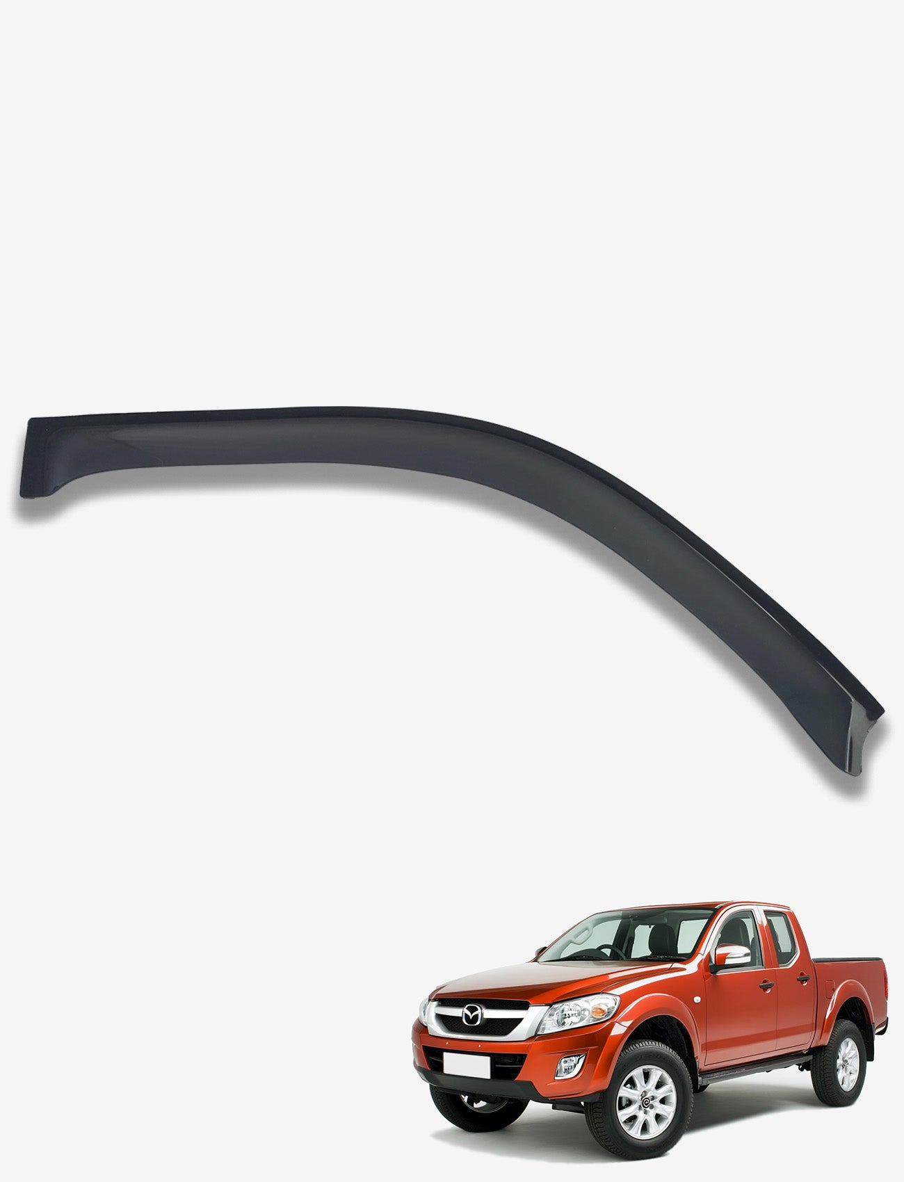 The Sunland Protective Plastics Weathershield Slimline Driver, a black UV-stable acrylic wind deflector with dark tint for Mazda BT50 (2011-2020), is displayed against a white background, featuring a custom-moulded red truck in the bottom corner.