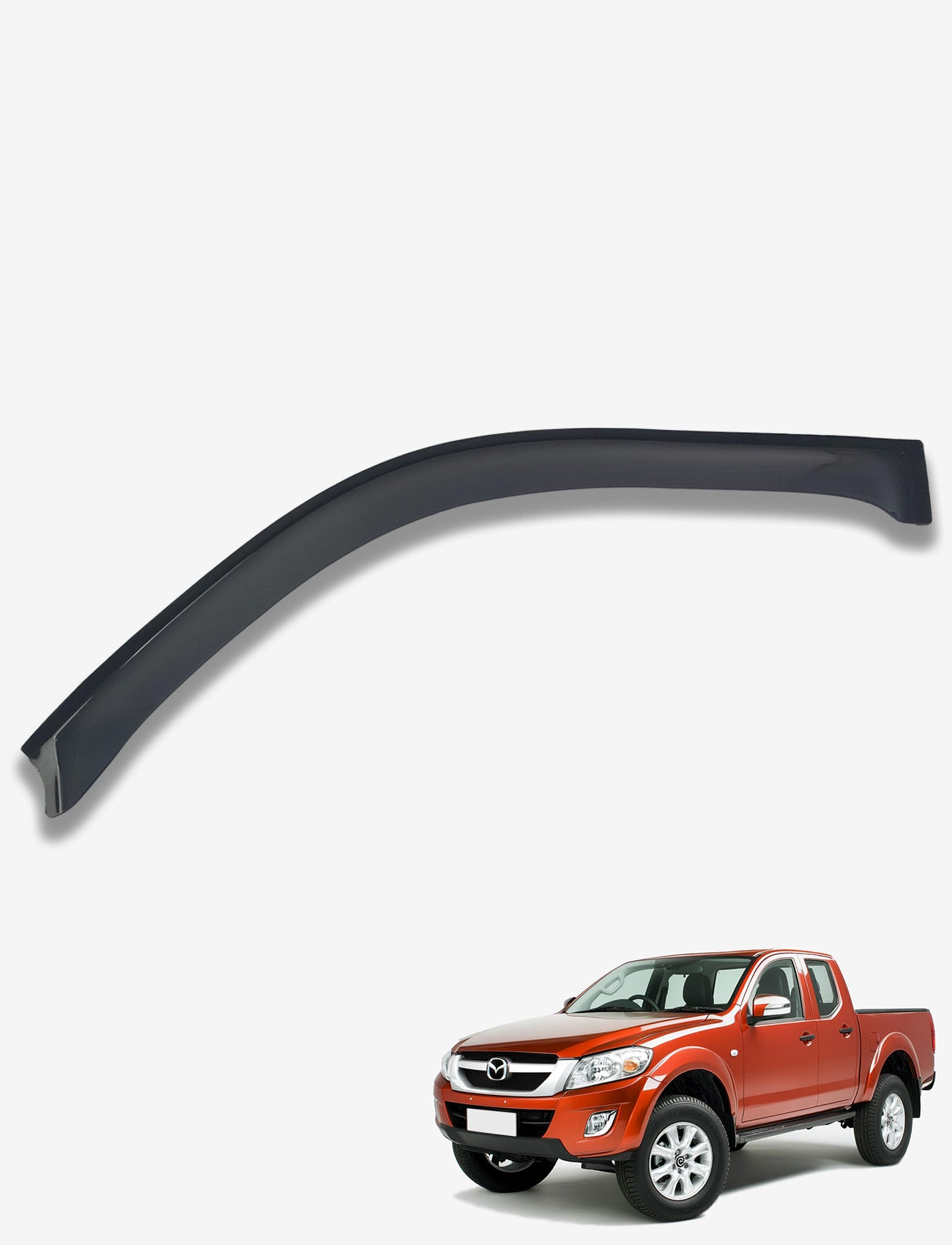 A Sunland Protective Plastics weathershield in dark tint is custom-moulded from UV stable acrylic. Featured against a plain backdrop, it's compatible with the orange Mazda BT50 pickup truck (11/2011-07/2020), showcasing the sleek MZ165SLPT model for car windows.