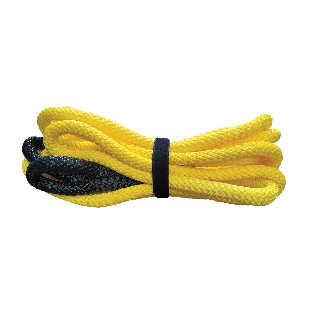 A Mean Mother Kinetic Snatch Rope, 9 meters long and capable of handling up to 13,000 kg, is coiled in yellow and black with UV and abrasion-resistant features, held together by a black strap against a plain white background.