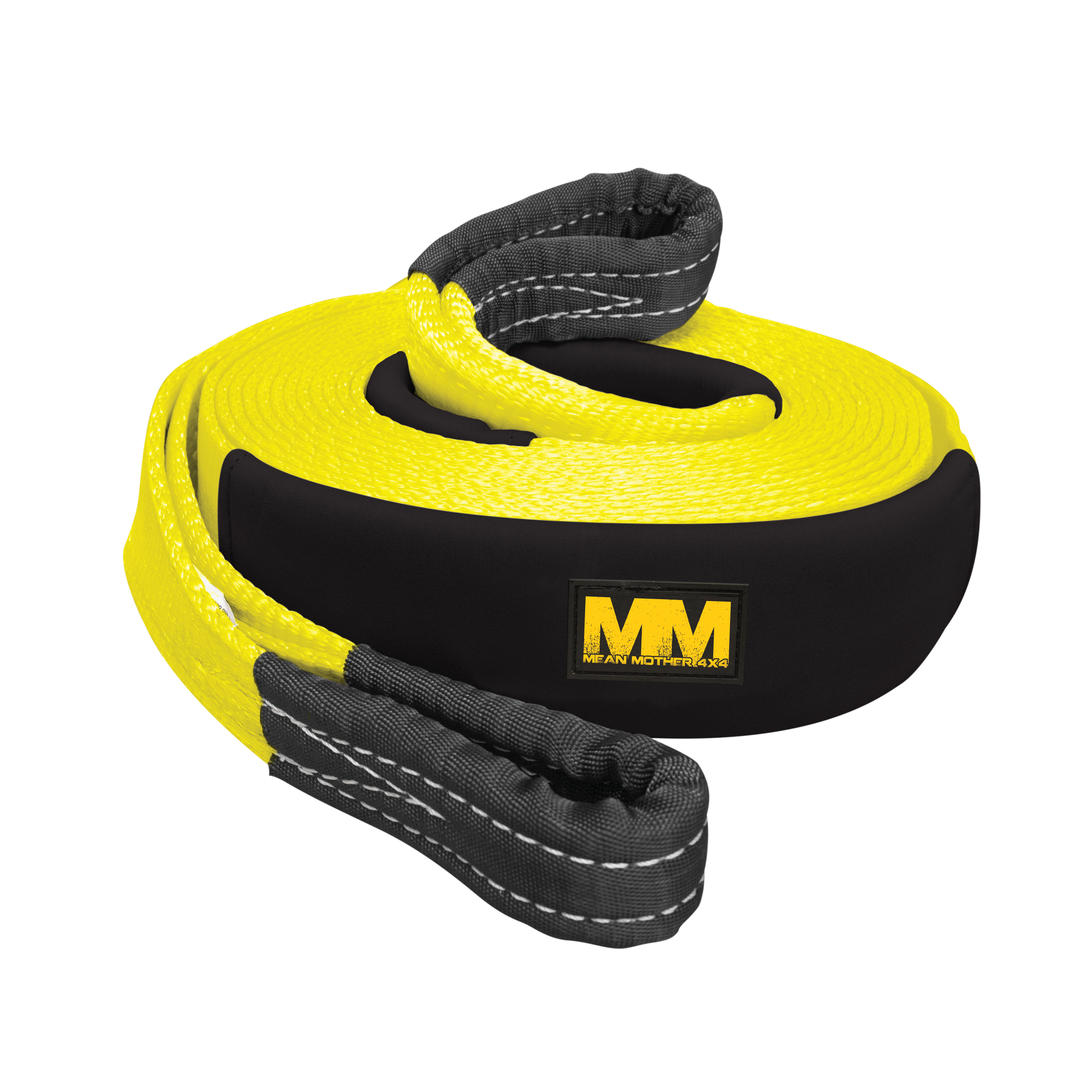 The Mean Mother Snatch Strap 8,000kg is a coiled yellow and black strap made from high tenacity nylon webbing, featuring reinforced stitching and eyelets. It includes a rectangular logo patch displaying the letters "MM" in bold yellow on a black background.