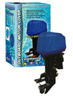 A blue outboard motor cover crafted from waterproof polyester canvas is shown on a motor. The packaging in the background showcases features like UV protection, proudly stating "Sunland-Protection Outboard Cover 225-300HP.