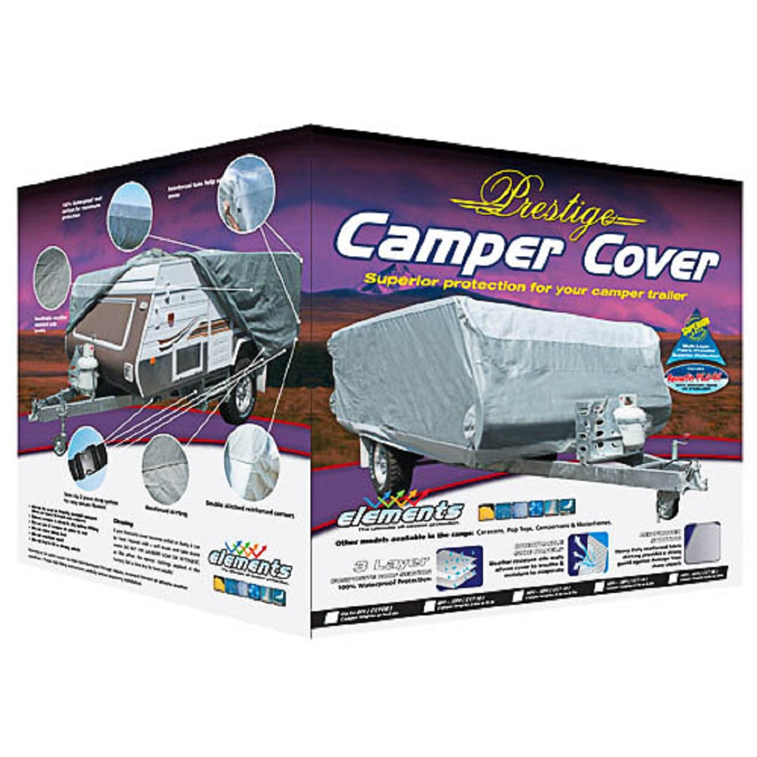 Packaging for a Prestige Caravan Cover, showcasing images of a covered caravan in the 3.7m - 4.2m range. The box emphasizes UV stabilized protection features and includes the text "Superior protection for your caravan" along with benefits such as waterproof fabric for enhanced durability.