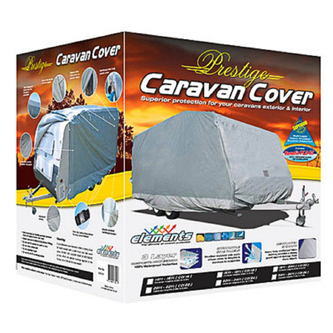 Image of the packaging for the "Prestige Caravan Cover 6.0m - 6.6m" by Prestige. The box emphasizes features like superior protection and a 4-layer waterproof fabric. It includes images of the UV-stabilised cover fitted on a caravan, highlighting its protective qualities against different weather conditions.