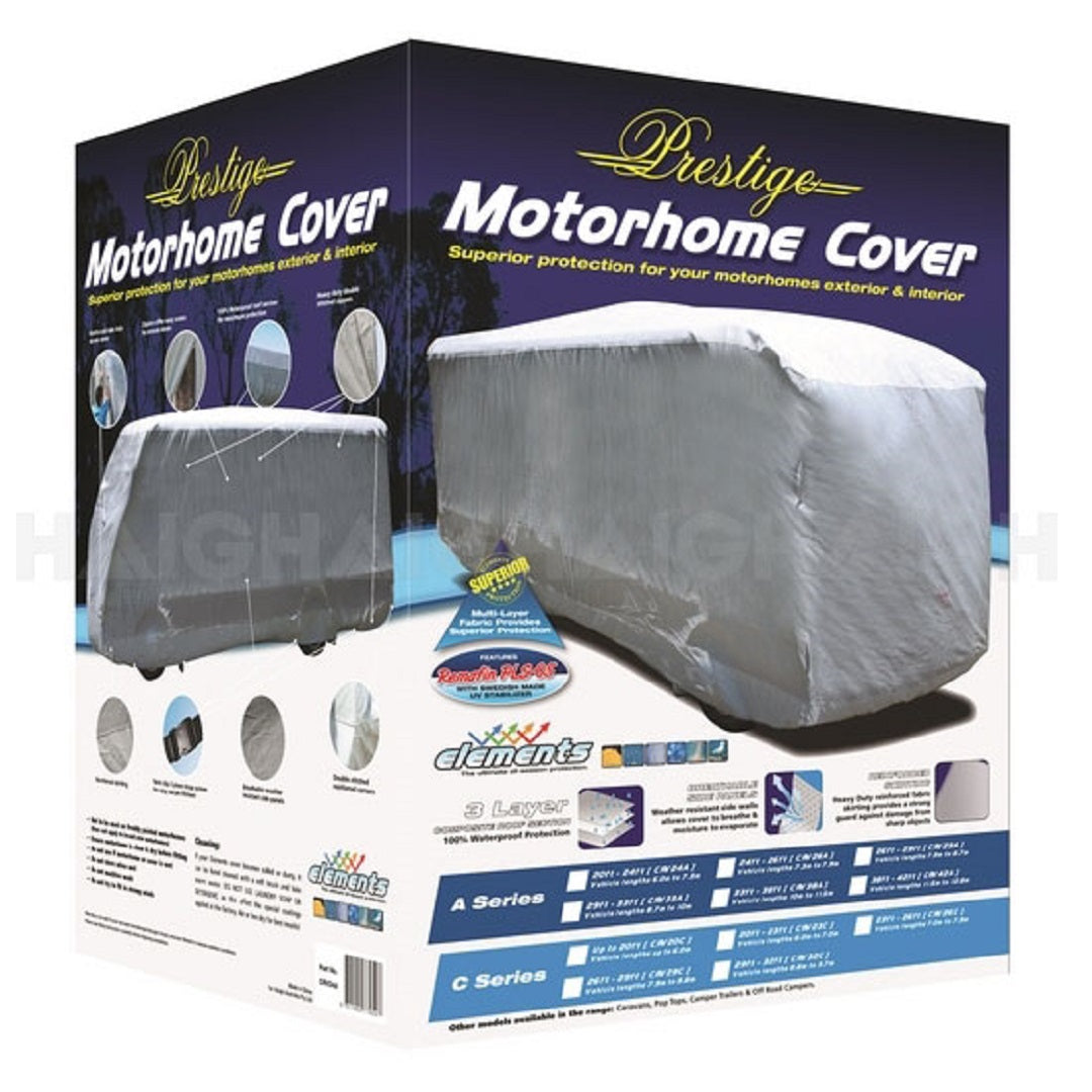 The packaging for the "Prestige RV/Motorhome Cover - C Class - 7m - 7.9m" displays images of the cover protecting your motorhome, focusing on its superior protection with breathable side panels and waterproof material. It emphasizes compatibility with various models and includes graphics illustrating UV-stabilized layers and adjustable features.