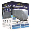 The Prestige Class C Motorhome Cover packaging showcases images of the cover on a motorhome with product details, highlighting protection for exteriors and interiors using breathable material. The box includes illustrations of available sizes and specifications for up to 6m motorhomes.