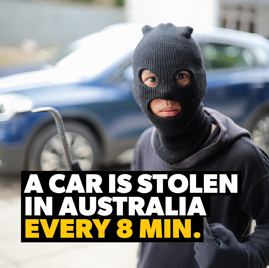 A person in a black ski mask holding a crowbar stands by a car. Bold text: "A car is stolen in Australia every 8 min—boost security with the Sperling Steering Wheel Lock Prolock anti-theft device.