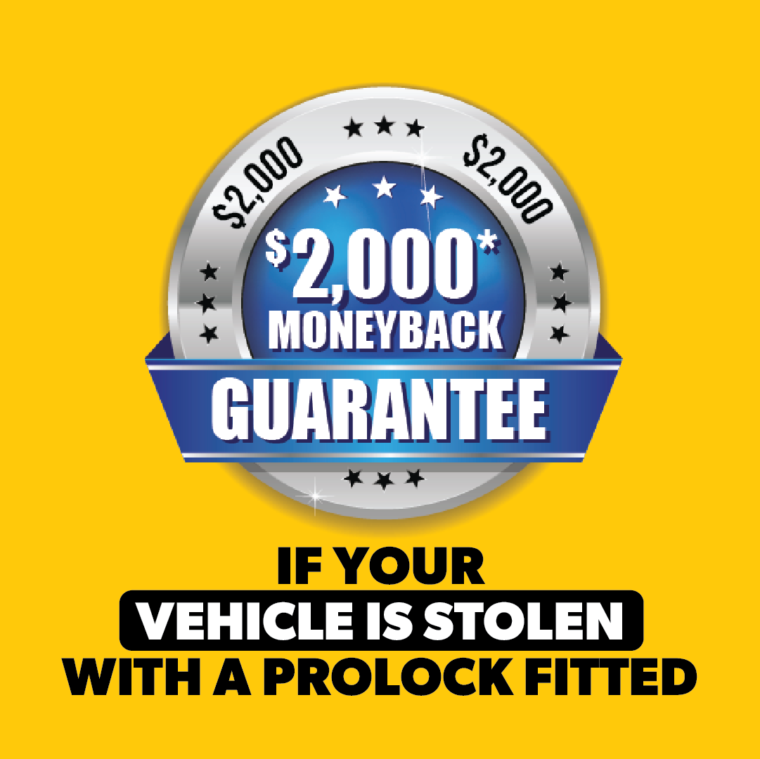 Silver badge shows “$2,000 moneyback guarantee” in blue and white. Below, black and white text on yellow reads: “If your vehicle is stolen with a Sperling Steering Wheel Lock Prolock fitted.”.
