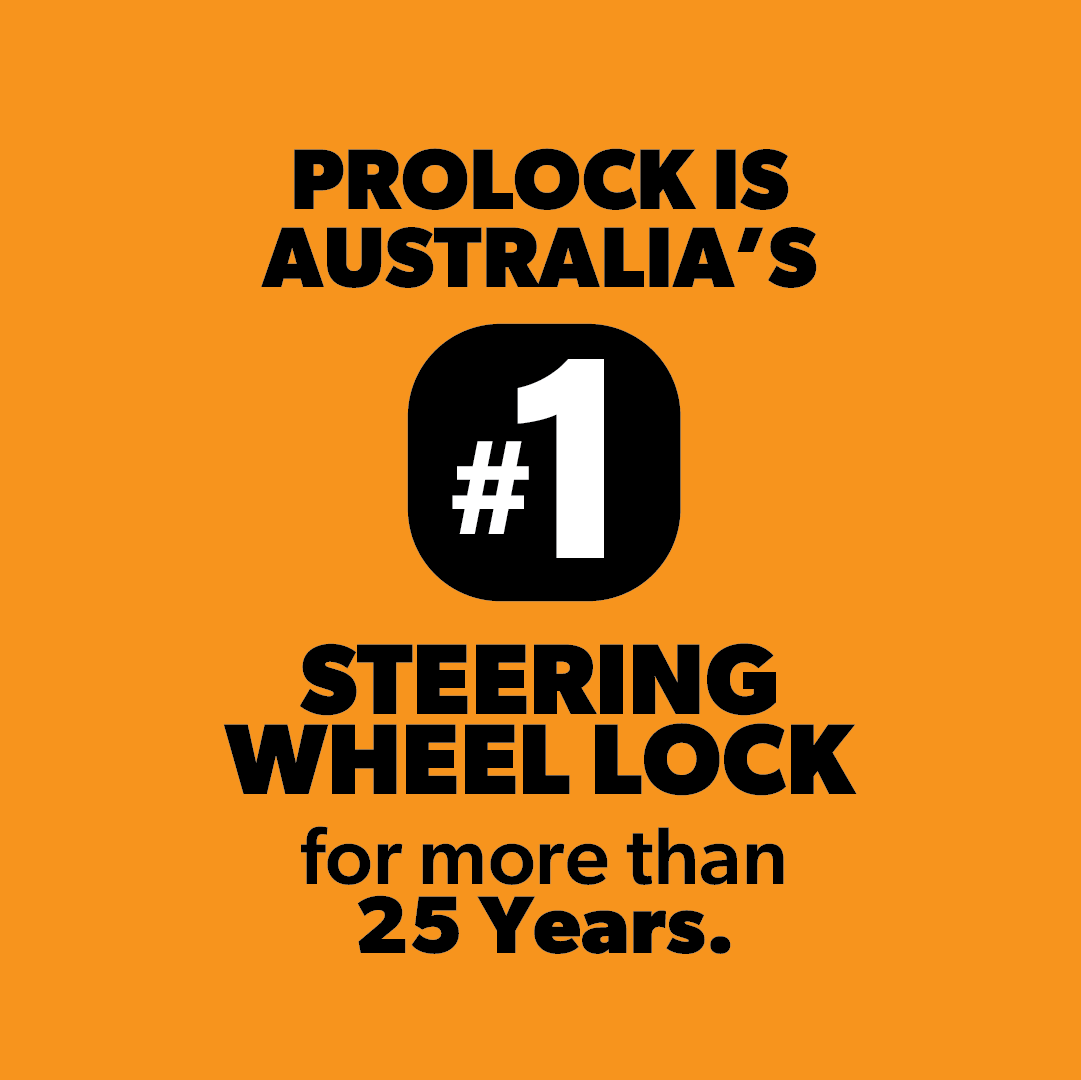 Text graphic with orange background reads: "Sperling Steering Wheel Lock Prolock is Australia's #1 steering wheel lock and trusted anti-theft device for over 25 years." The number 1 appears bold and white inside a black rounded square.