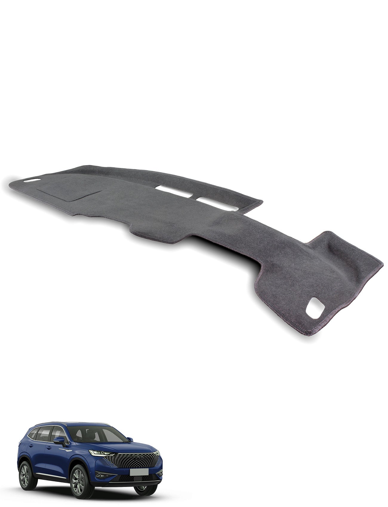 A Sunland-Protection Great Wall (GWM) Haval H6 Dash Mat (HUD) in dark gray is shown on a white background, with a blue SUV placed in the lower left corner of the image.