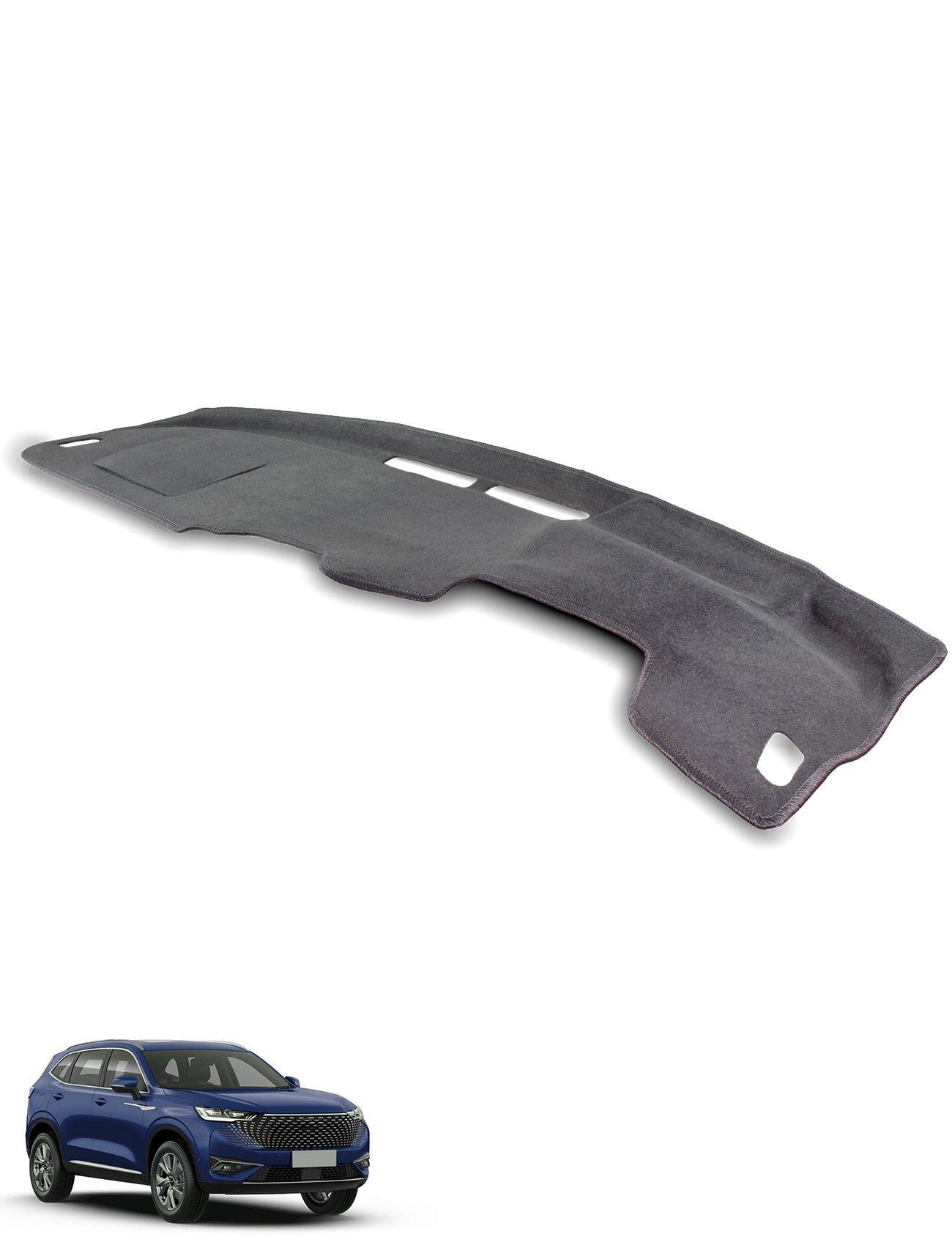 The Sunland-Protection Great Wall (GWM) Haval H6 Dash Mat in black, featuring sun-protection cutouts, is shown above a blue SUV on a white background.