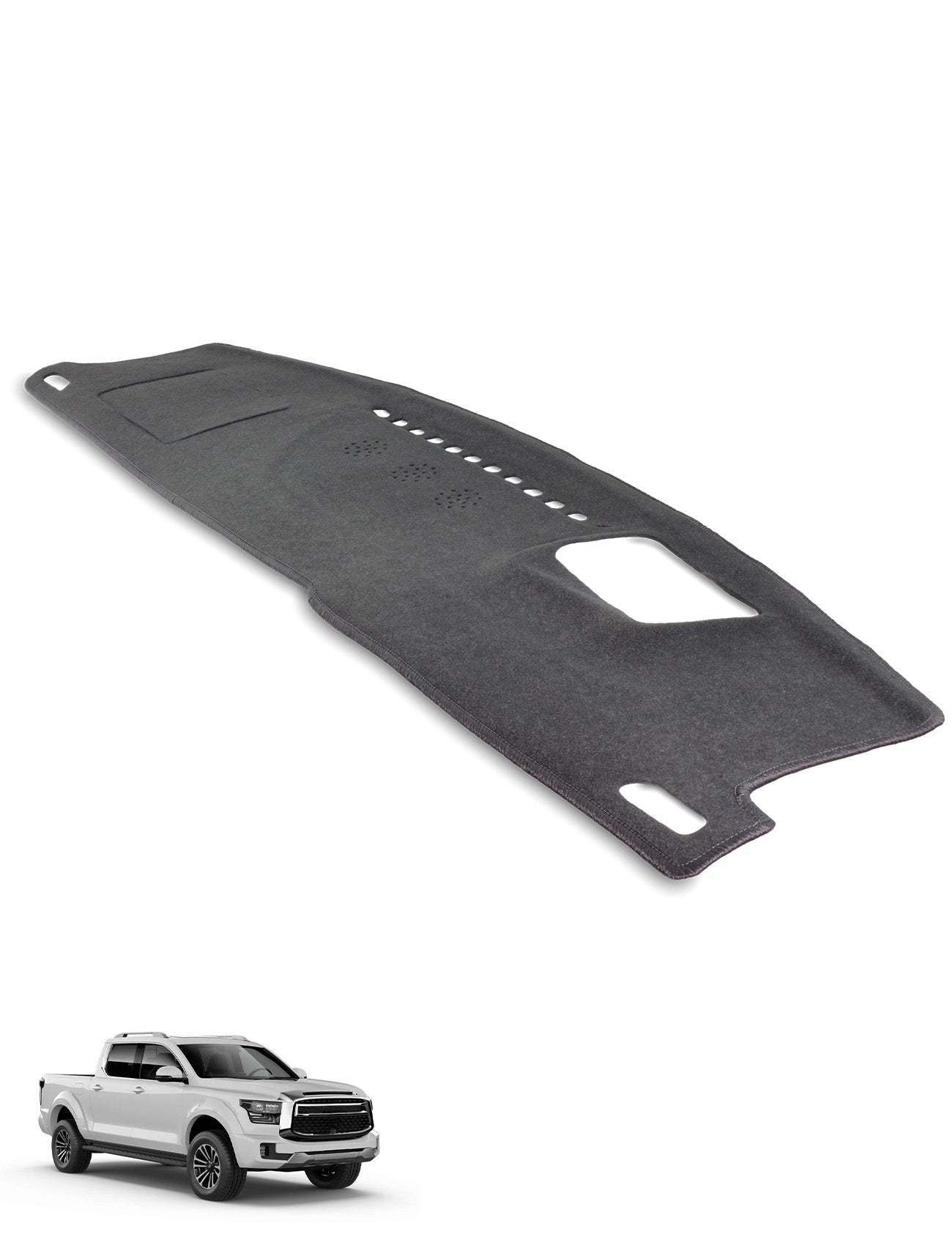 The Sunland-Protection GWM Cannon Alpha Dash Mat is shown above, fitting the dashboard of the white pickup truck in the bottom left and offering superior UV protection.