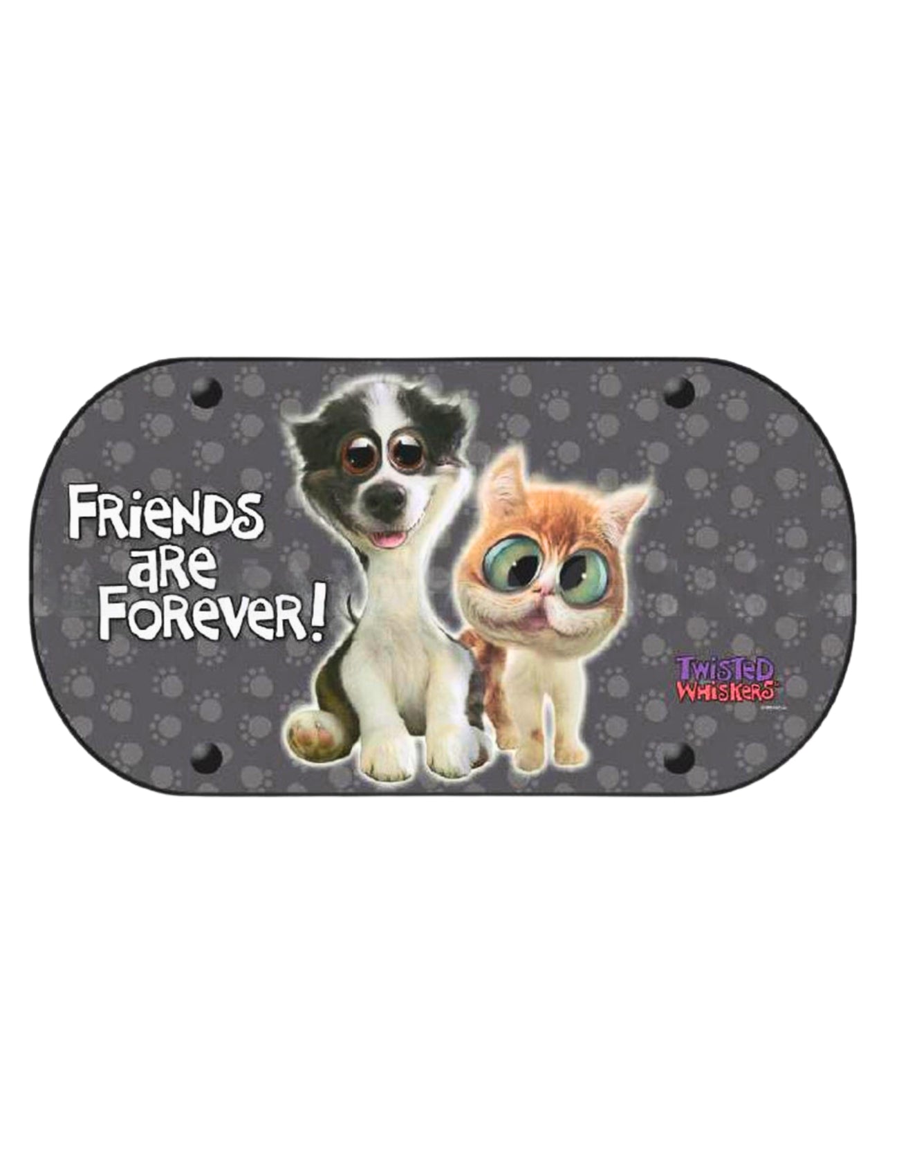 A cartoon puppy and kitten, wide-eyed on a gray paw-print background, adorns the Sunland-Protection rear car sun shade. The text "FRIENDS4EVER" and "Twisted Whiskers" make this accessory perfect for any vehicle.