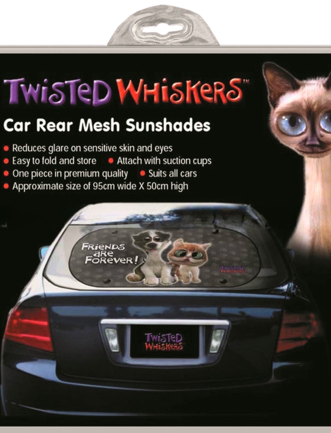 The Sunland-Protection Car Sun Shade Rear Twisted Whiskers "FRIENDS4EVER" features cartoon cats and a dog on a car's rear window with "Friends Are Forever!" text. It highlights its UV protection and easy suction cup attachment as essential car features.