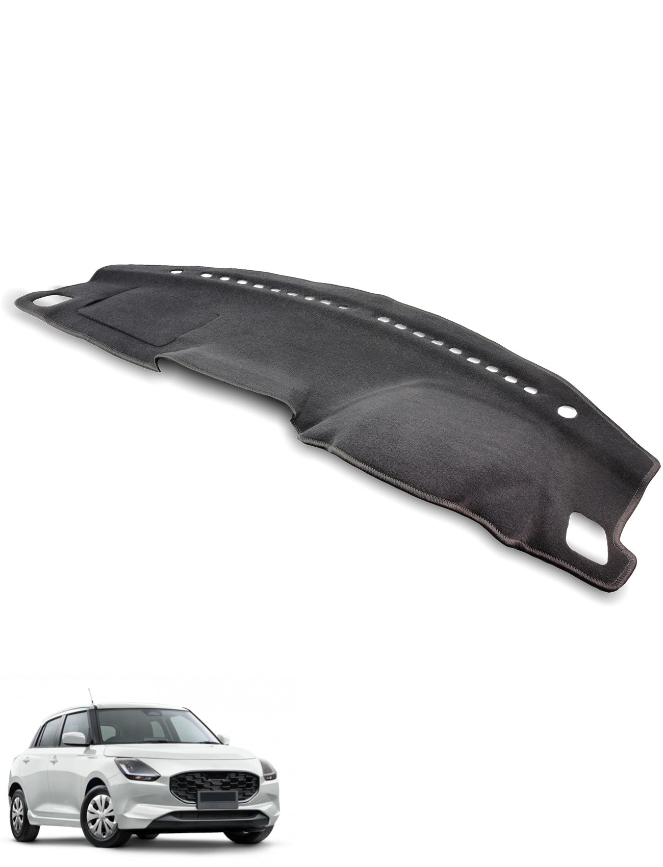 The Sunland-Protection Suzuki Swift UZ Dash Mat, a glare-free dash cover with stitched edges and airbag-safe design, is displayed above a small white hatchback on a clean white background.